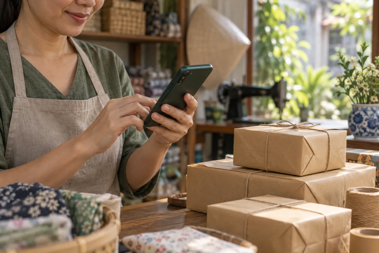 Chủ shop mặc tạp dề kiểm tra đơn hàng trên điện thoại bên cạnh chồng gói hàng bọc giấy kraft trong một xưởng nhỏ tại nhà