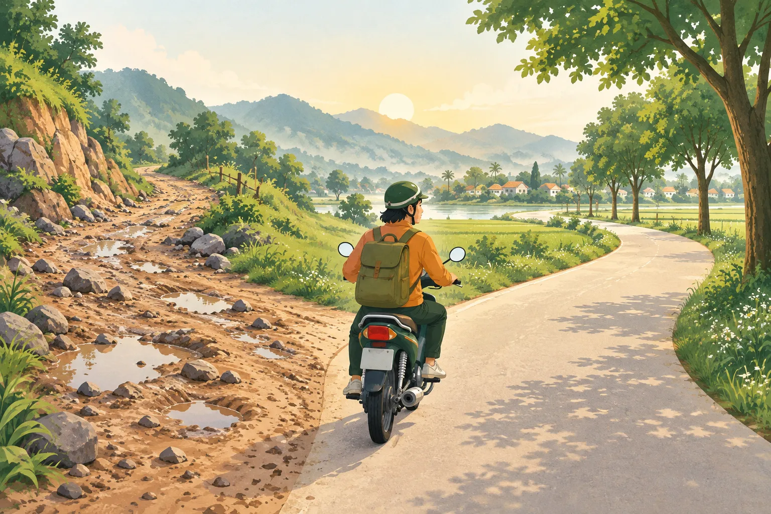 Người đi xe máy dừng ở ngã rẽ, bên trái là đường đất đầy ổ gà và vũng nước, bên phải là con đường bằng phẳng rợp cây xanh