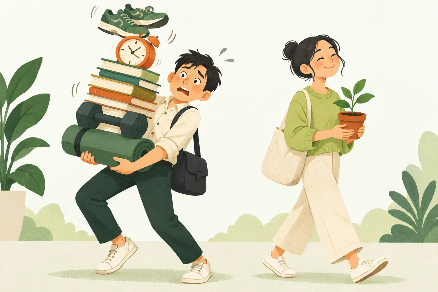 Một người loạng choạng ôm chồng đồ cao gồm giày chạy, đồng hồ báo thức, sách, tạ tay và thảm tập, bên cạnh là người khác thong thả cầm một chậu cây non