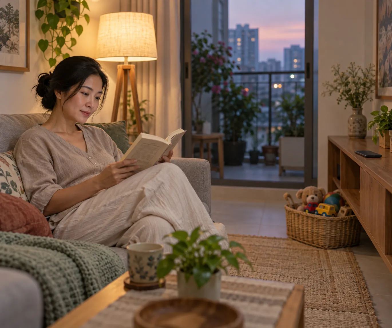 Người phụ nữ ngồi trên sofa dưới ánh đèn vàng buổi tối đọc sách, điện thoại nằm trên kệ gỗ phía xa, giỏ đồ chơi của con đã dọn gọn