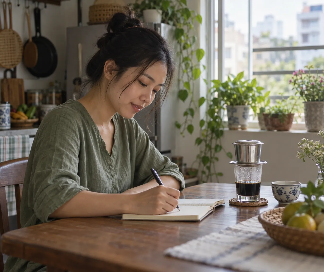 Người phụ nữ ngồi bên bàn gỗ trong bếp buổi sáng, cạnh ly cà phê phin đang nhỏ giọt, viết vài dòng vào cuốn sổ nhỏ