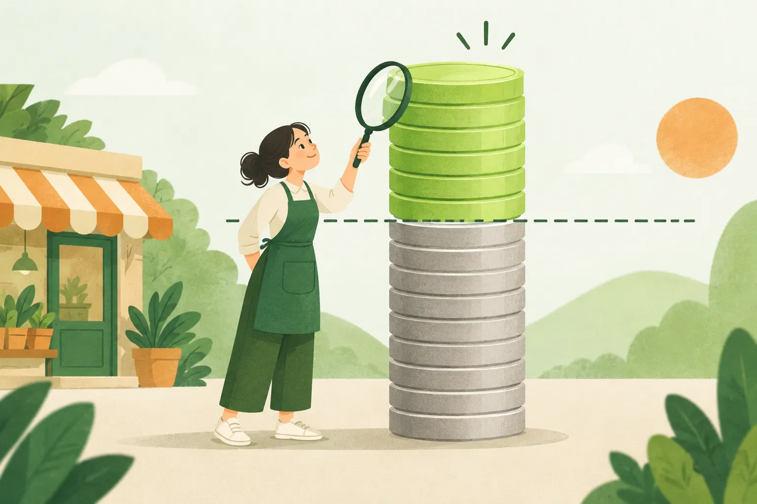 Chủ shop cầm kính lúp nhìn phần màu xanh của một chồng xu, phần nằm trên đường kẻ đứt đánh dấu mức hòa vốn