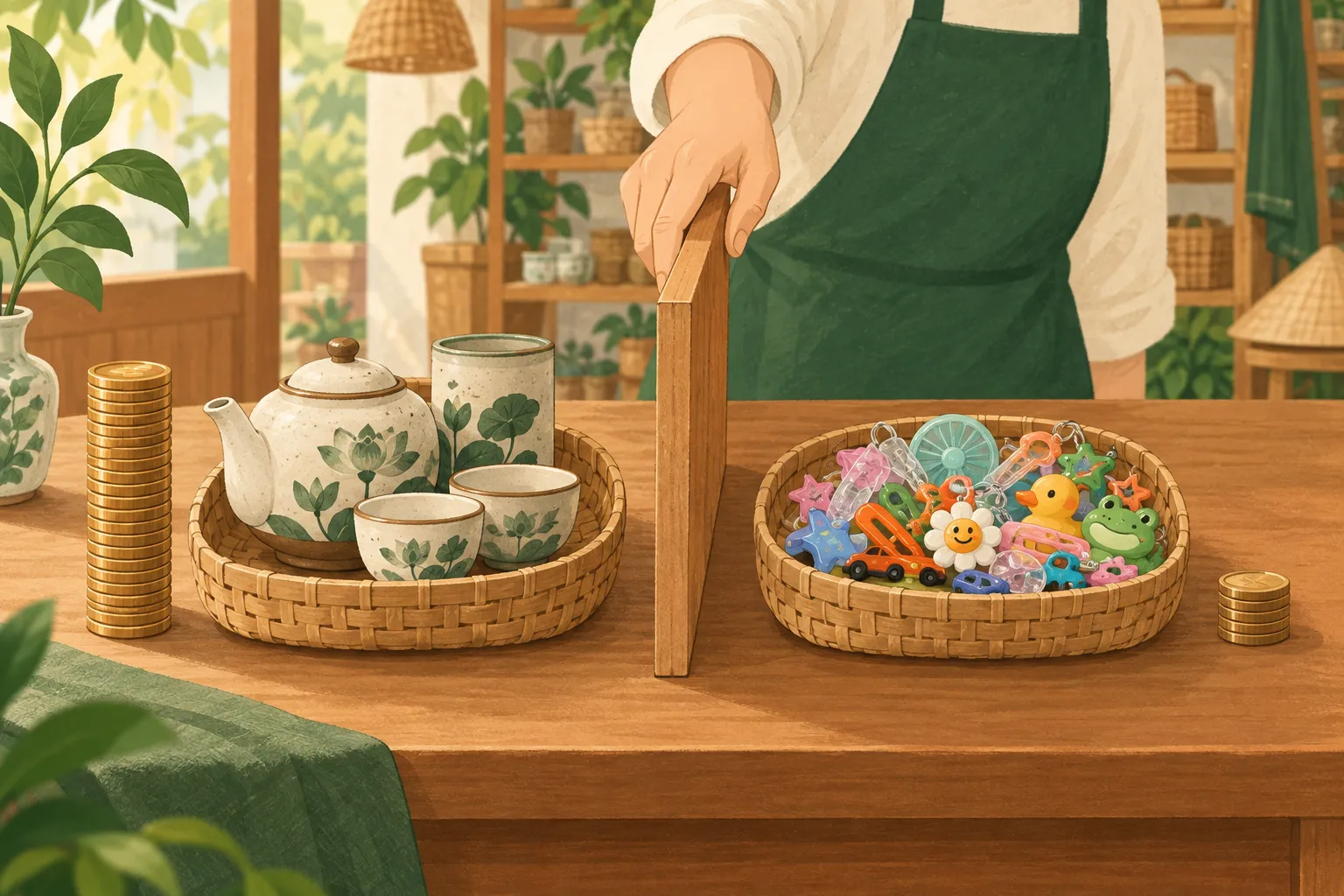 Hai giỏ hàng trên bàn gỗ được ngăn bằng một tấm ván: một giỏ đựng bộ ấm chén giá trị cao cạnh chồng xu cao, giỏ kia đựng nhiều món đồ nhựa rẻ cạnh chồng xu thấp