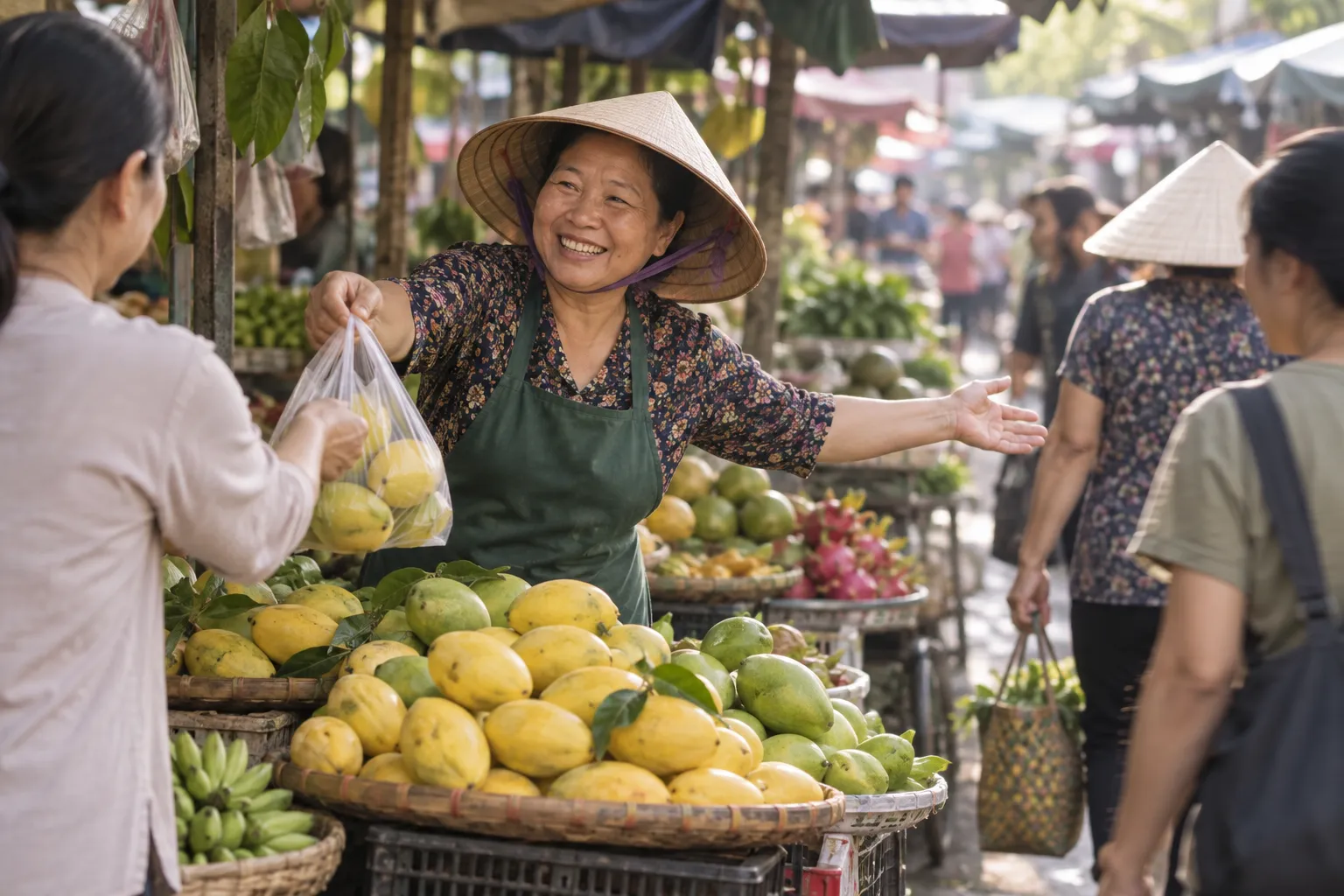 Người bán hoa quả ở chợ Việt Nam đưa túi xoài cho một khách đang mua và giơ tay mời những người đi ngang qua sạp