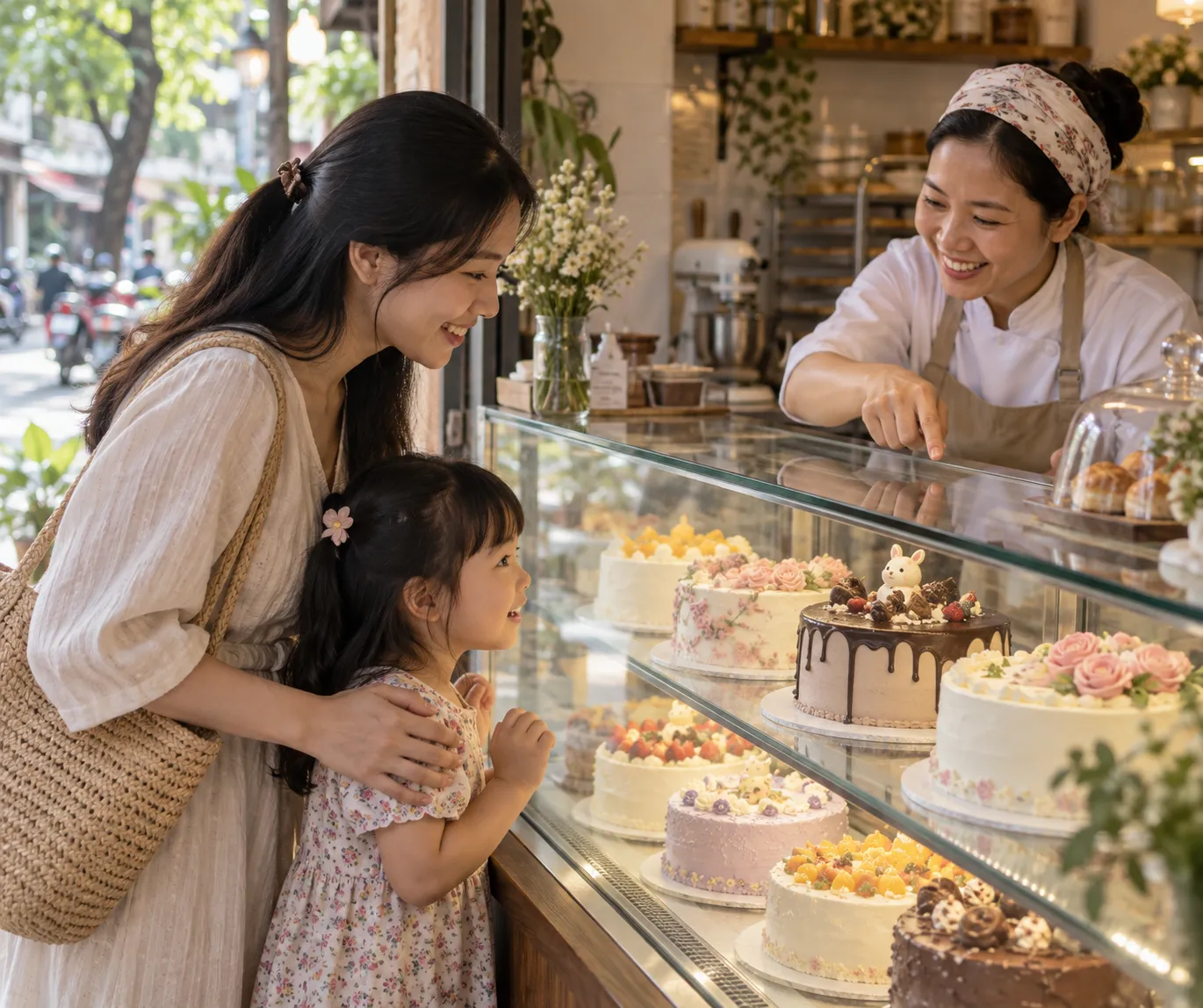 Người mẹ trẻ và con gái nhỏ đứng trước tủ kính bánh sinh nhật trong một tiệm bánh nhỏ, cô thợ bánh sau quầy mỉm cười chỉ vào một chiếc bánh