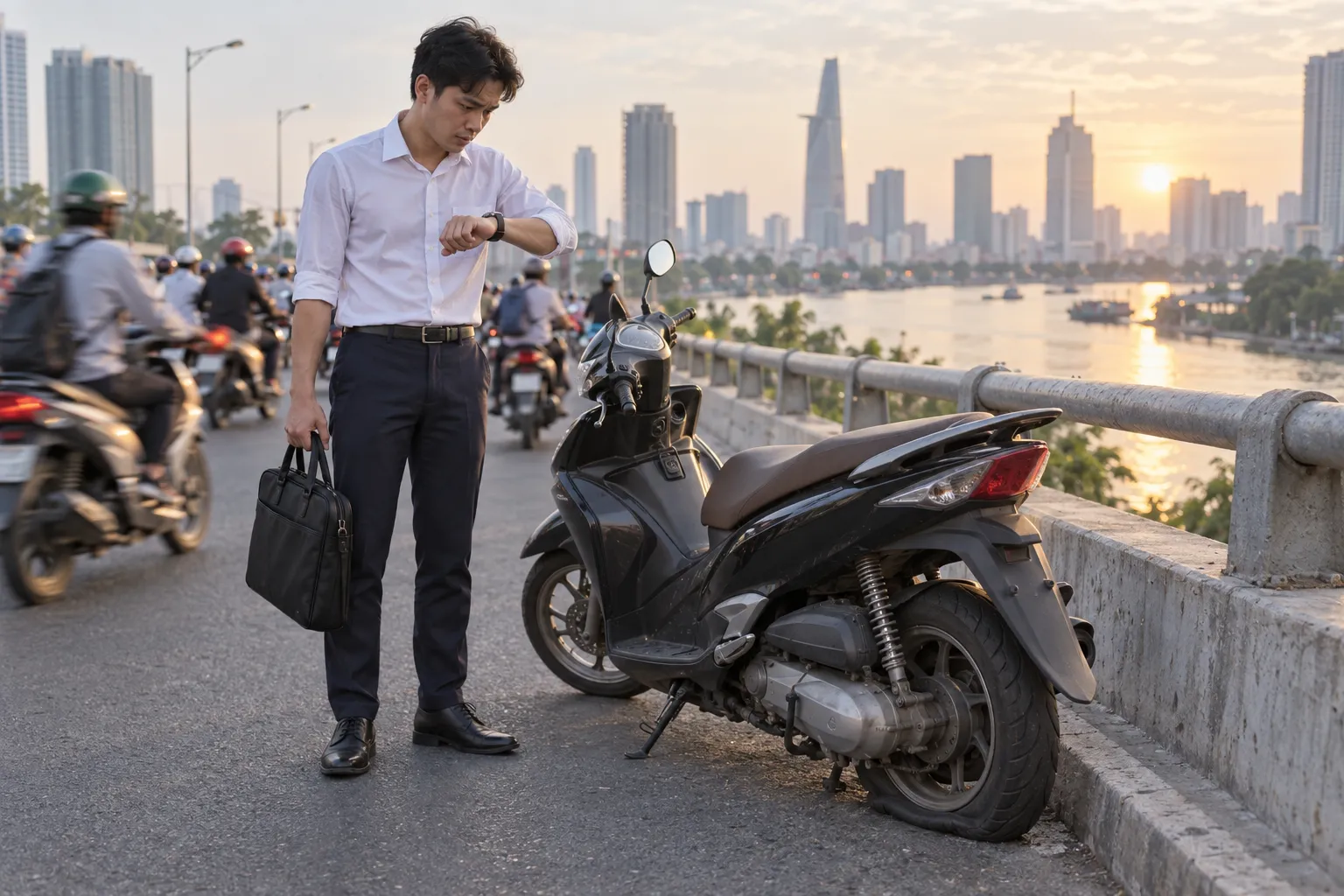 Một nhân viên văn phòng mặc sơ mi trắng đứng cạnh chiếc xe máy xẹp lốp bên thành cầu, nhìn đồng hồ đeo tay giữa dòng xe buổi sáng