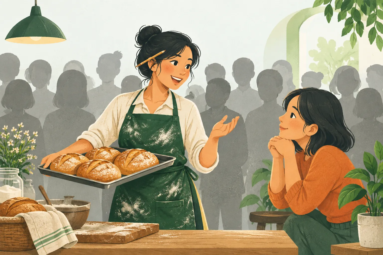 Tranh minh họa một chị thợ bánh đeo tạp dề dính bột, cài bút chì trên tai, bưng khay bánh nổi bật trước đám đông bóng người xám không rõ mặt, bên cạnh là một người nghe đang chăm chú