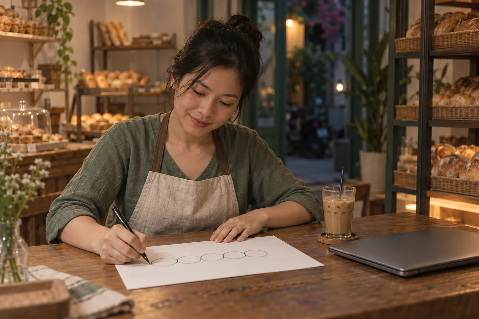 Chủ tiệm bánh ngồi ở bàn gỗ trong tiệm sau giờ đóng cửa, dùng bút vẽ năm vòng tròn nối nhau trên tờ giấy trắng, bên cạnh là ly cà phê sữa đá và máy tính xách tay đang gập