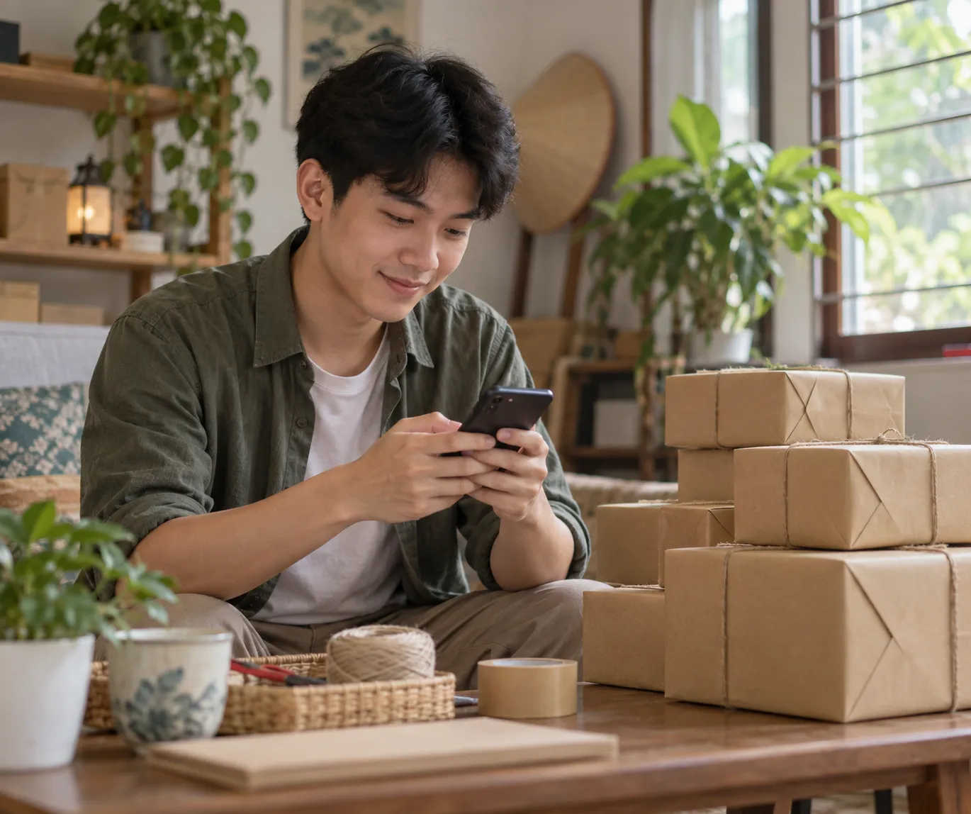 Chàng trai bán hàng online tại nhà ngồi bên bàn gỗ, cầm điện thoại nhắn tin trả lời khách, cạnh chồng hộp hàng đã gói giấy kraft chờ giao