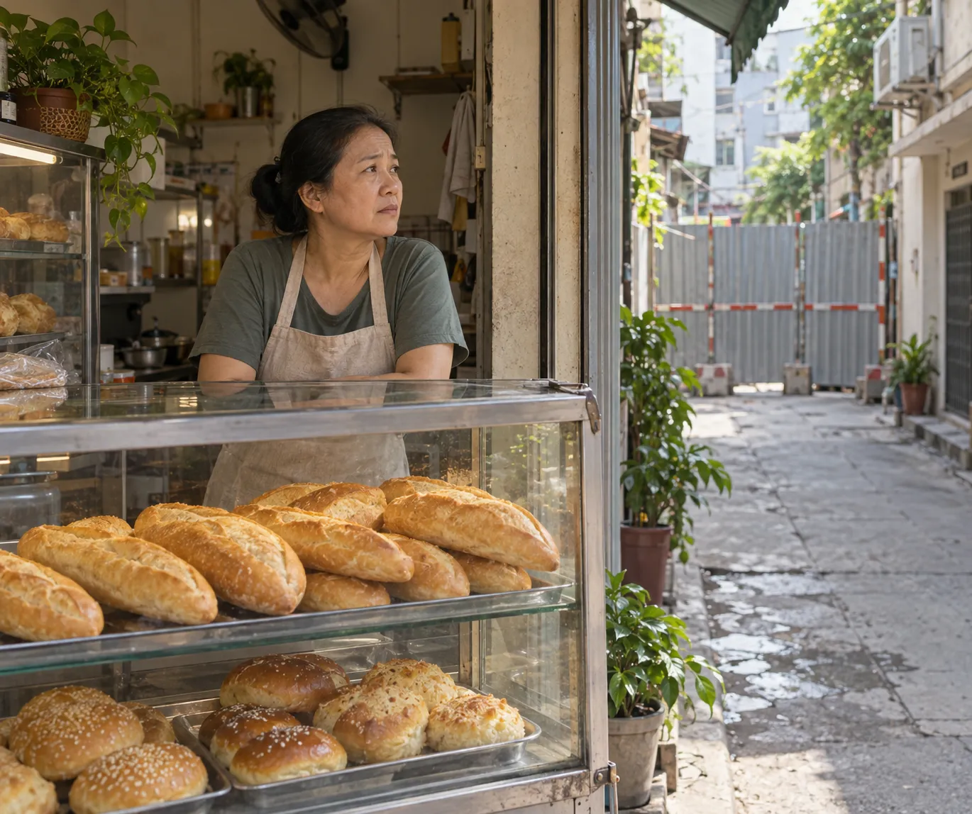 Người phụ nữ đeo tạp dề đứng sau tủ kính bánh mì còn nhiều bánh, nhìn ra con hẻm vắng có hàng rào tôn chắn ở đầu hẻm