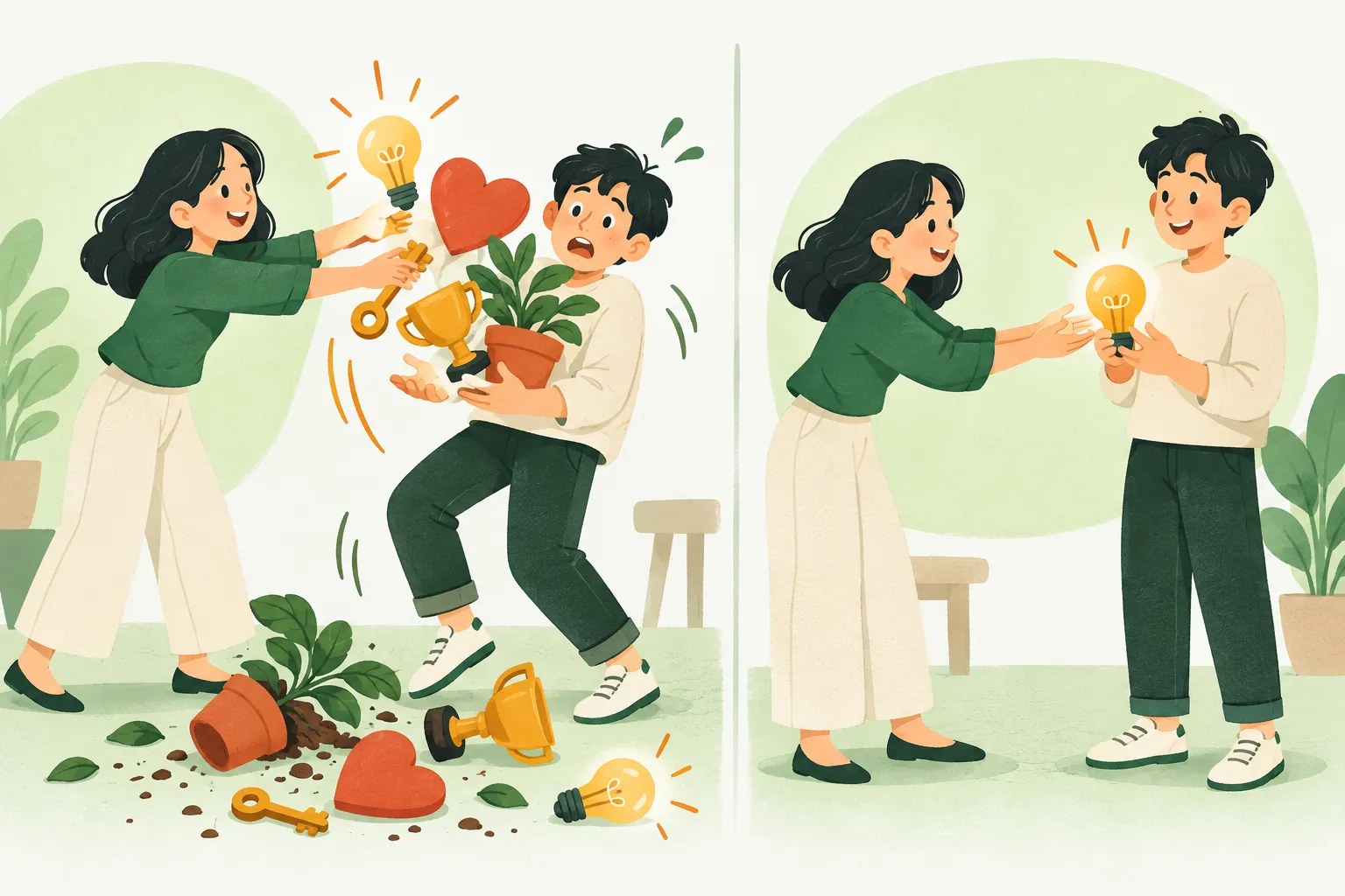 Tranh minh họa hai cảnh: bên trái một người dúi cùng lúc bóng đèn, trái tim, chìa khóa, chiếc cúp và chậu cây vào tay người nghe khiến mọi thứ rơi vãi; bên phải người đó chỉ trao một bóng đèn và người nghe cầm chắc, mỉm cười