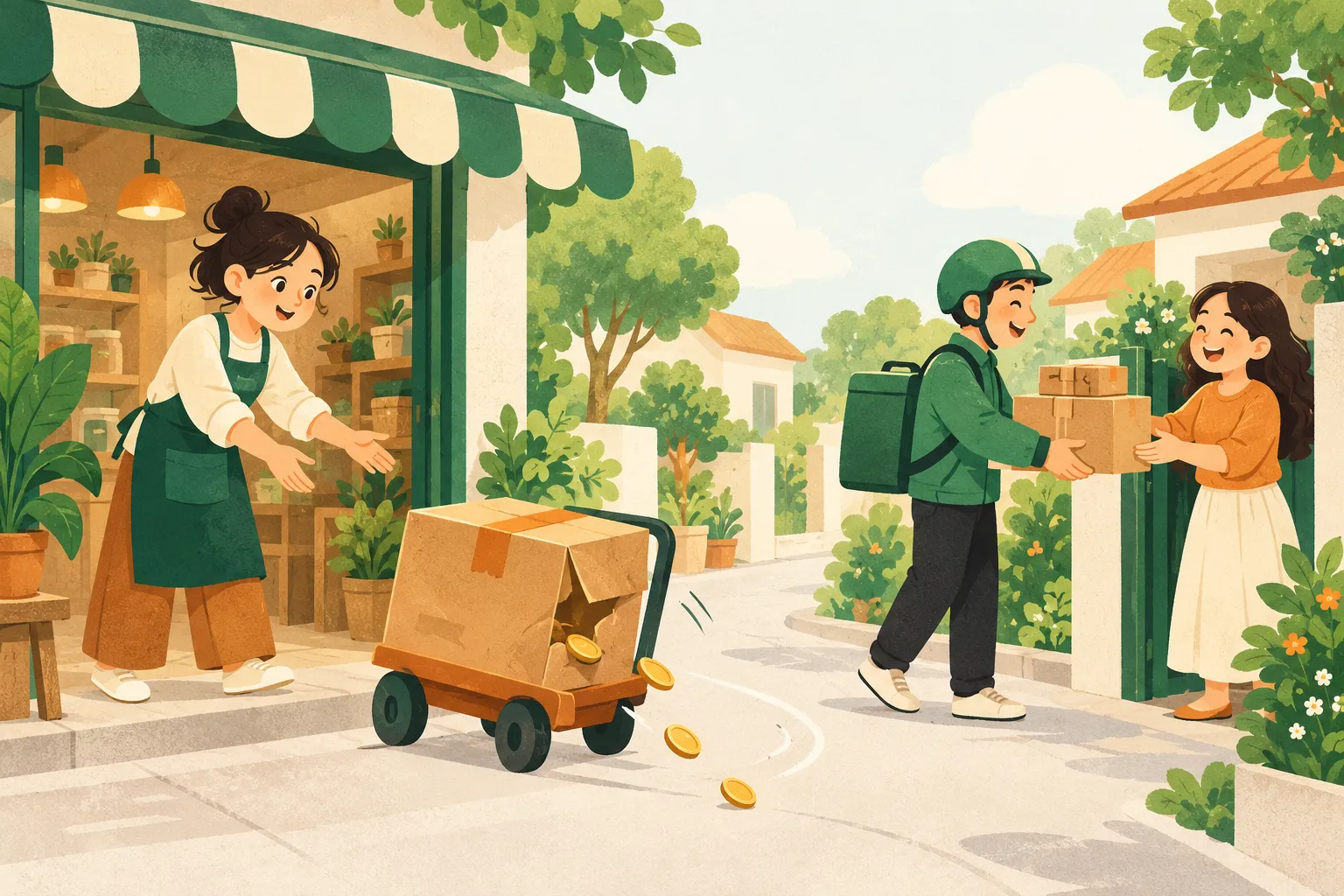 Một thùng hàng bị hoàn trên xe đẩy trước cửa tiệm làm rơi mấy đồng xu, trong khi người giao hàng trao gói khác cho khách
