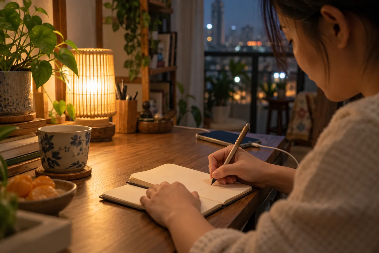 Một người ngồi bên bàn gỗ dưới ánh đèn ấm buổi tối, đang viết một dòng vào cuốn sổ nhỏ, điện thoại cắm sạc bên cạnh