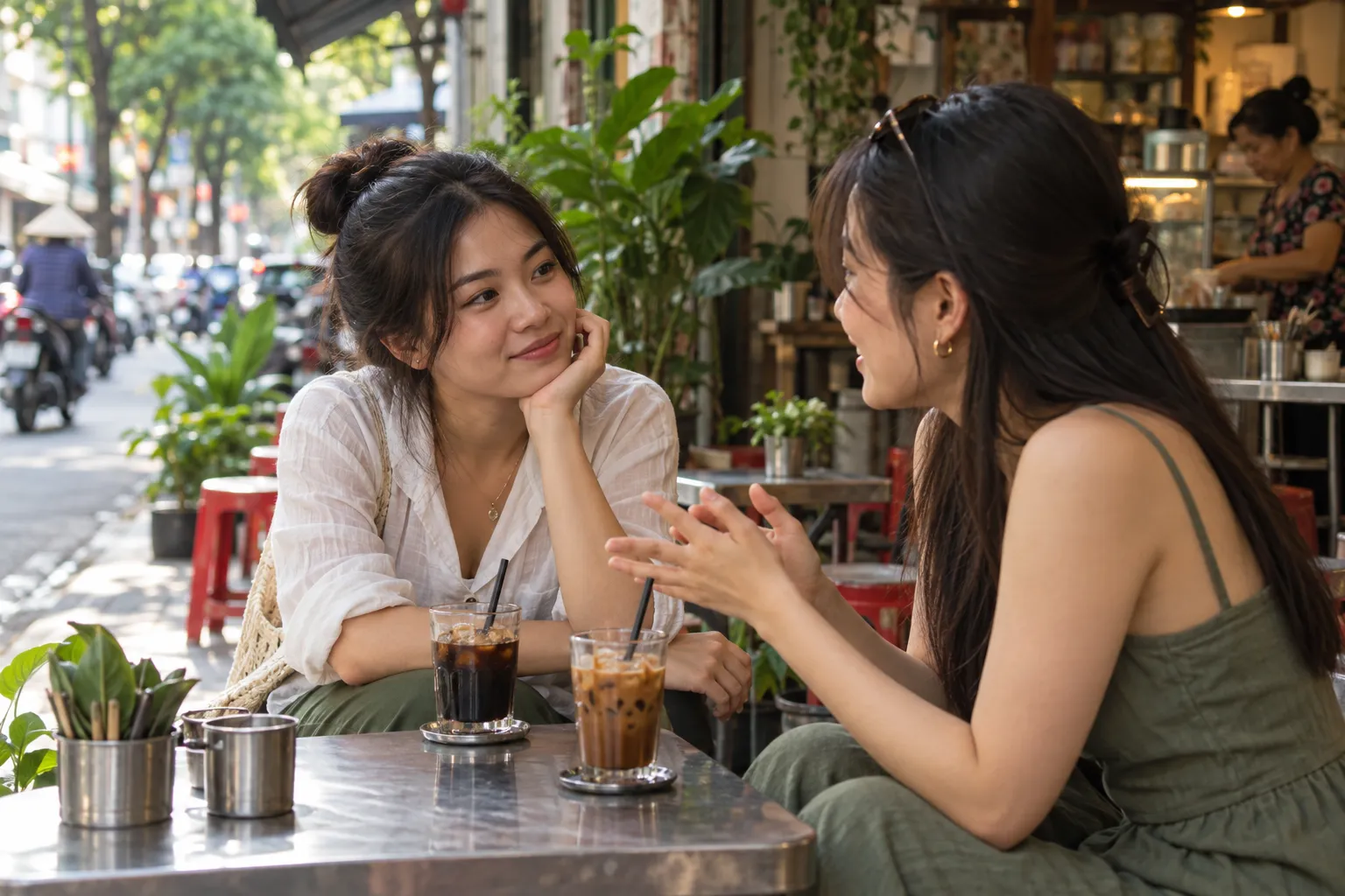 Hai người bạn trò chuyện bên ly cà phê đá ở quán vỉa hè, một người nghiêng người lắng nghe với vẻ tò mò