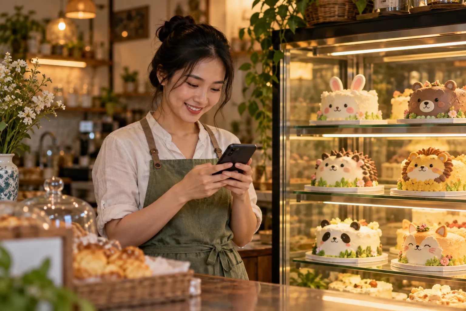 Chủ một tiệm bánh nhỏ đứng sau quầy đọc tin nhắn trên điện thoại, phía sau là tủ kính bày những chiếc bánh kem theo chủ đề con vật