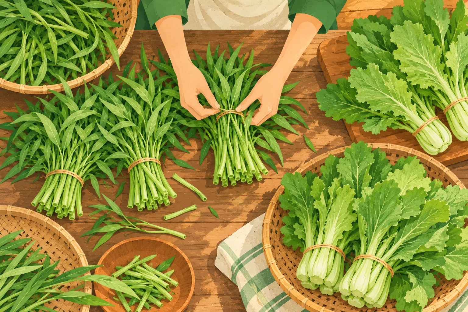Đôi tay bó rau muống thành từng bó nhỏ trên bàn gỗ, bên cạnh là rổ rau cải đã được xếp riêng