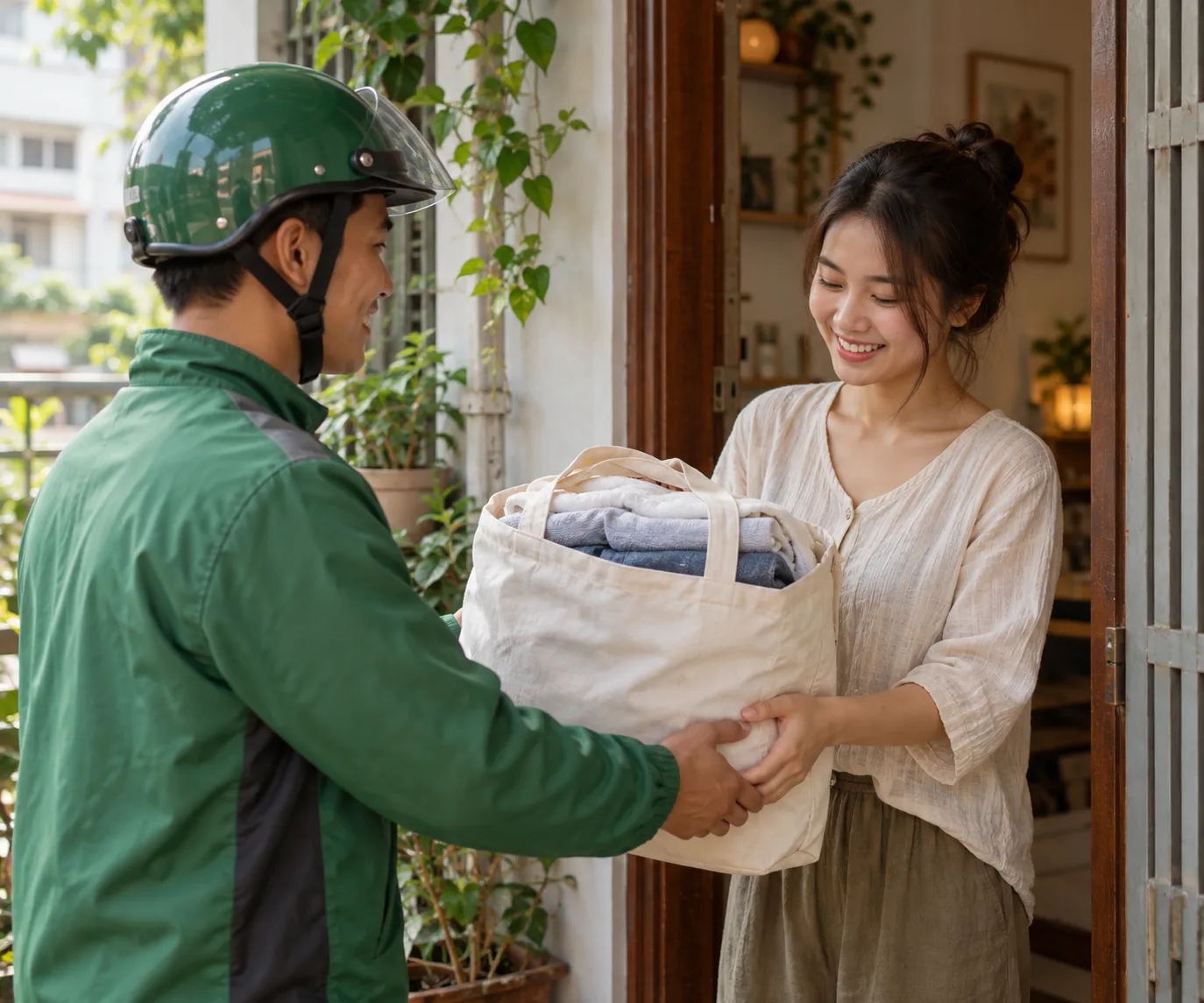 Người giao hàng đưa túi vải đựng quần áo đã gấp gọn cho một chị trẻ ở cửa căn hộ