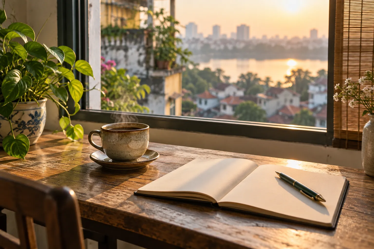 Cốc cà phê nóng và cuốn sổ trống đang mở cùng cây bút trên bàn gỗ cạnh cửa sổ lúc bình minh