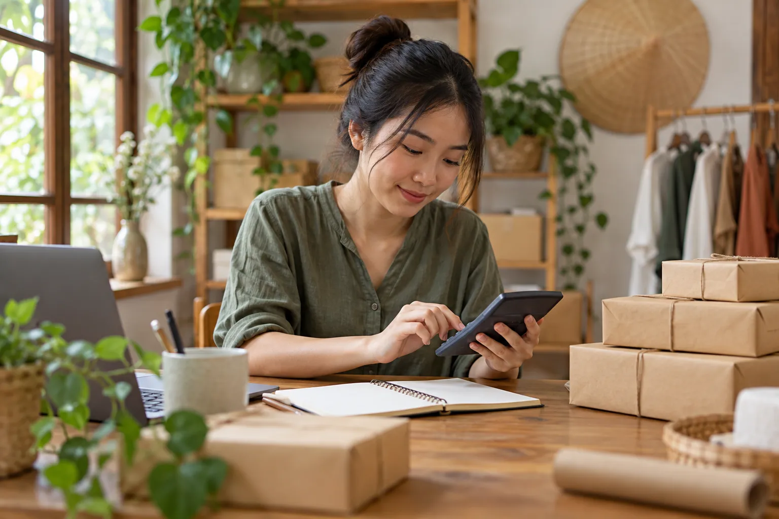 Chủ shop nhỏ dùng máy tính bấm số cạnh cuốn sổ và chồng gói hàng giấy kraft trên bàn làm việc tại nhà