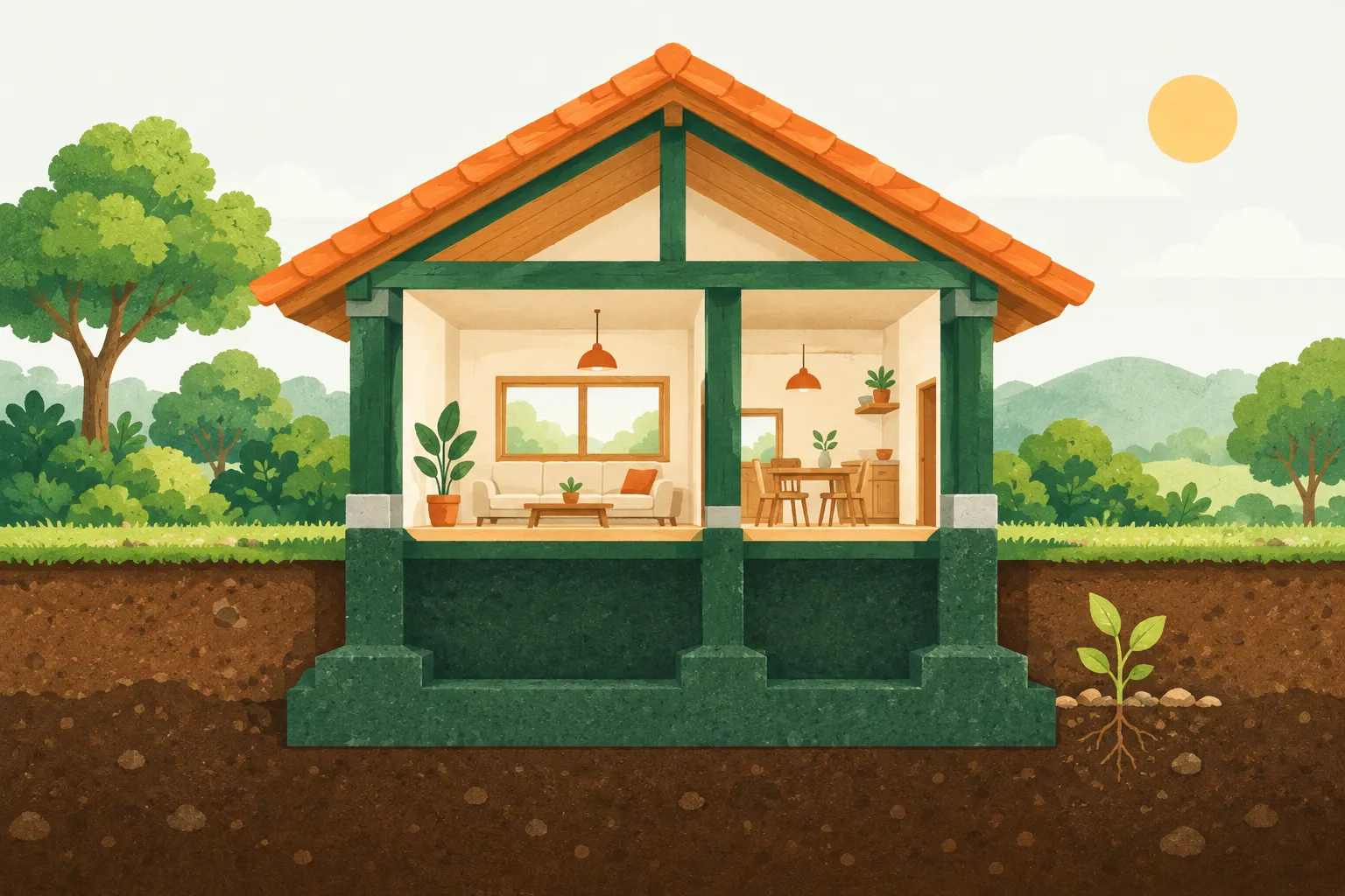 Mặt cắt ngôi nhà nhỏ: mái nhà màu cam ở trên, tường và cột xanh ở giữa, nền móng vững chắc nằm dưới đất