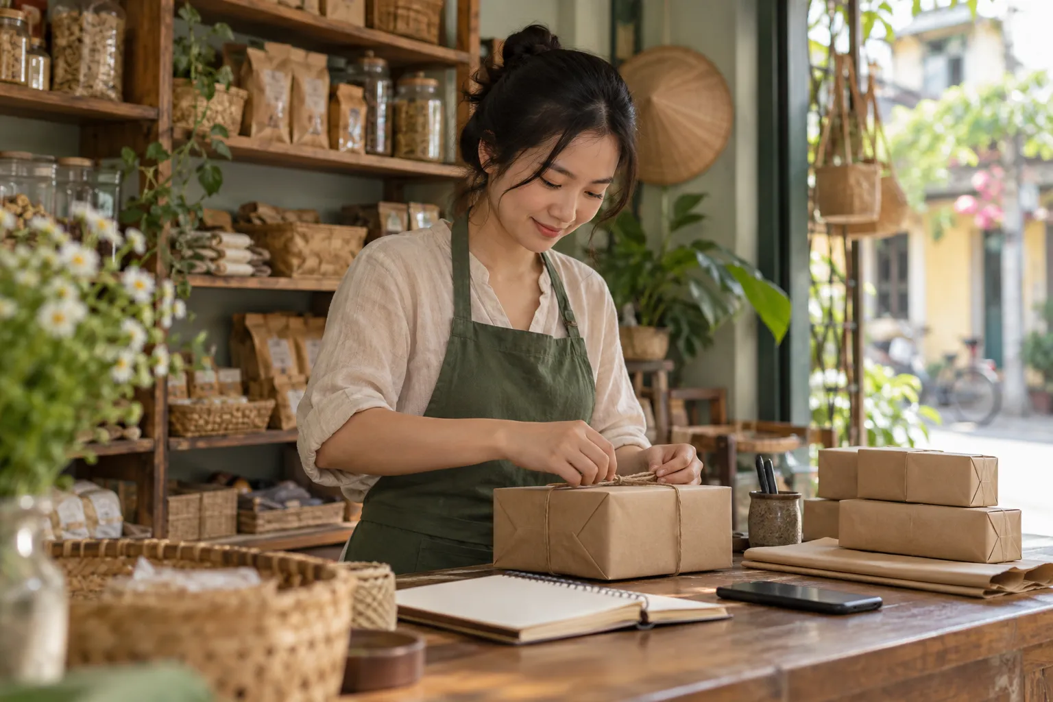 Chủ tiệm mặc tạp dề buộc dây gói một đơn hàng giấy kraft cạnh cuốn sổ và điện thoại đặt trên quầy gỗ