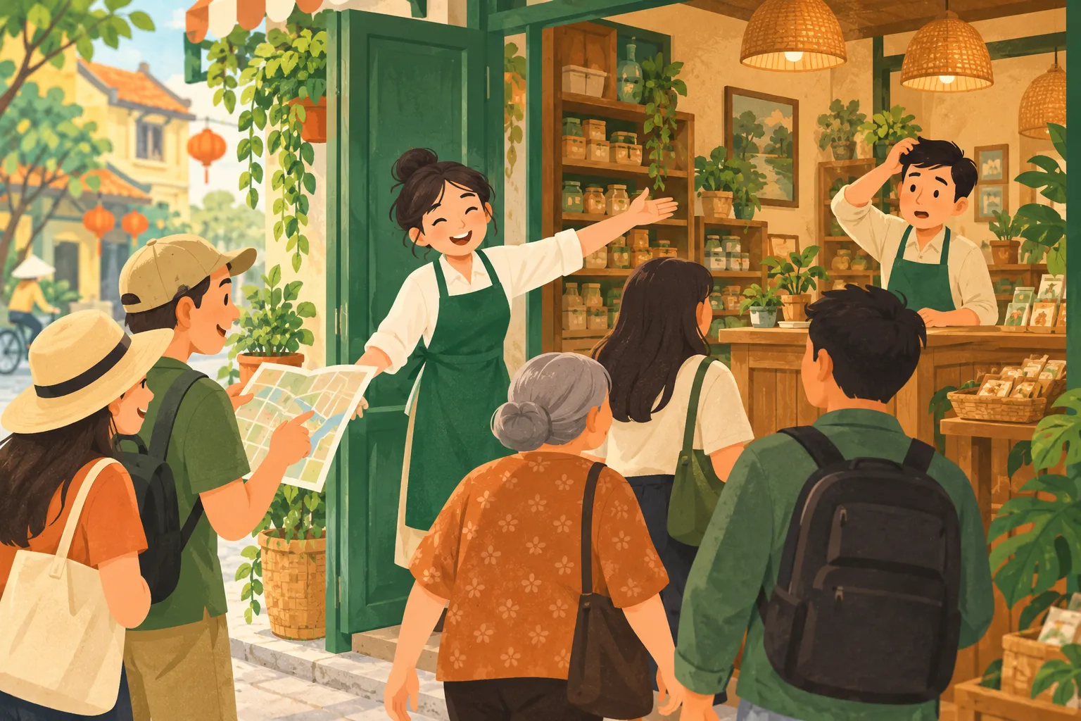 Nhân viên đứng ở cửa tiệm vui vẻ mời cả người chỉ đi hỏi đường vào trong, còn chủ tiệm ở quầy gãi đầu ngơ ngác