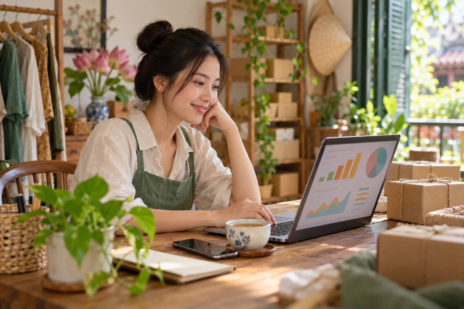 Chủ shop ngồi bên máy tính xem biểu đồ, cạnh tách trà, điện thoại và những gói hàng giấy kraft