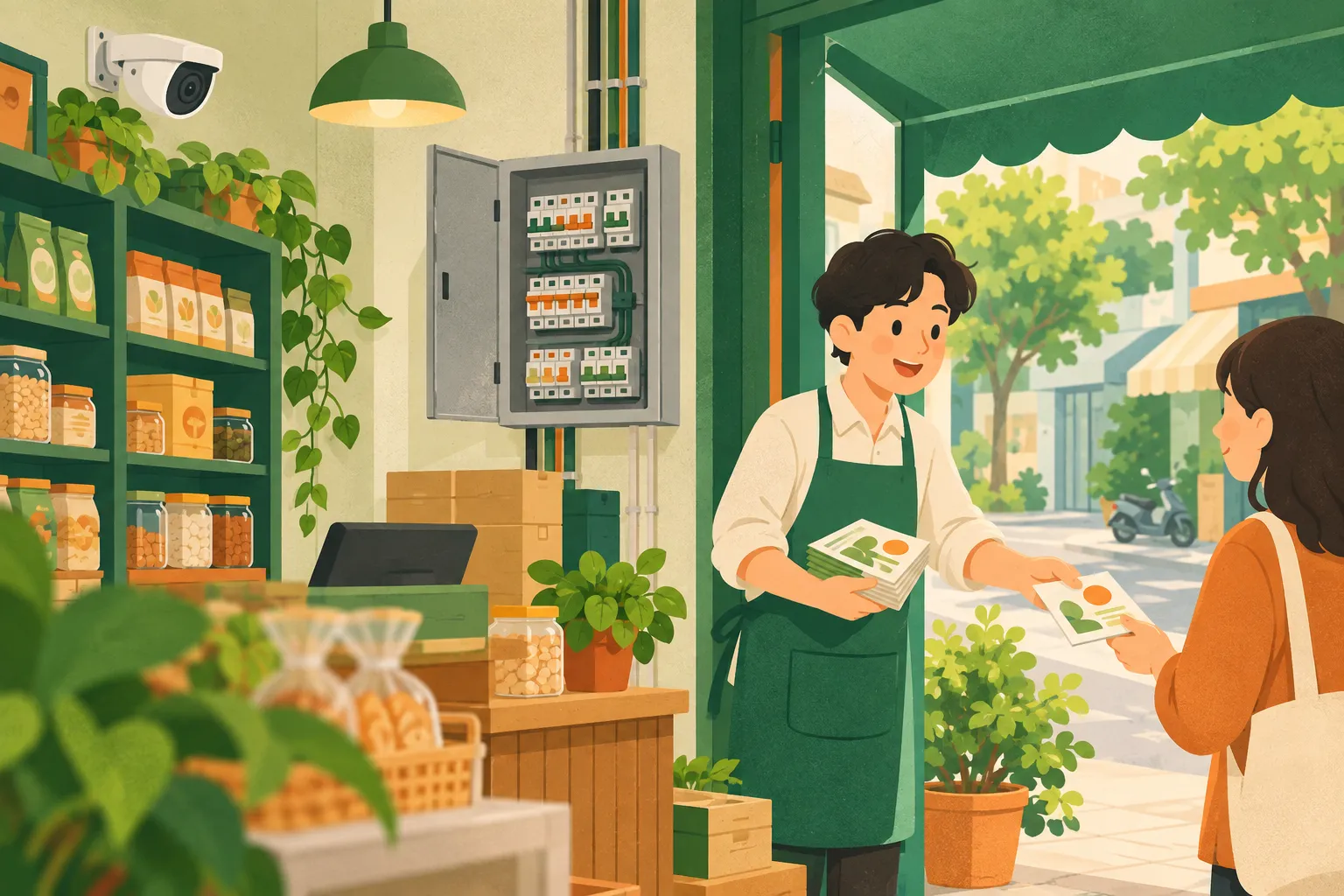 Cửa tiệm nhỏ có tủ điện tổng đầy công tắc, camera quan sát trên kệ hàng và nhân viên phát tờ rơi cho khách ở cửa