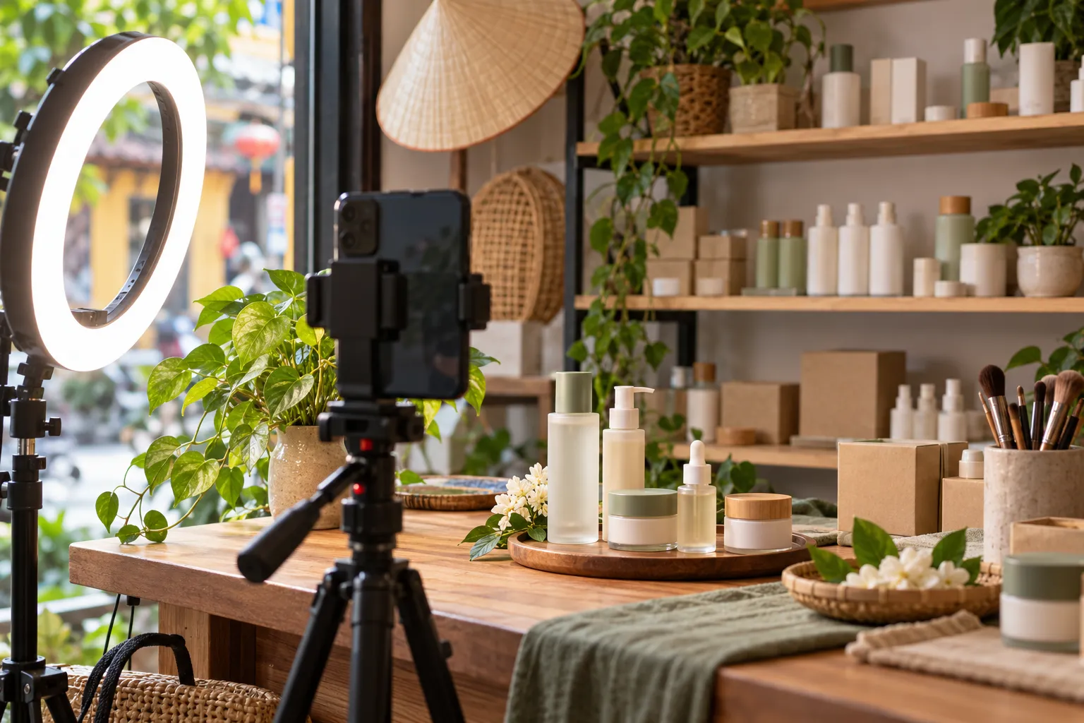 Bàn làm việc của một shop mỹ phẩm nhỏ với điện thoại gắn chân đế để quay video, đèn vòng và các lọ dưỡng da không nhãn