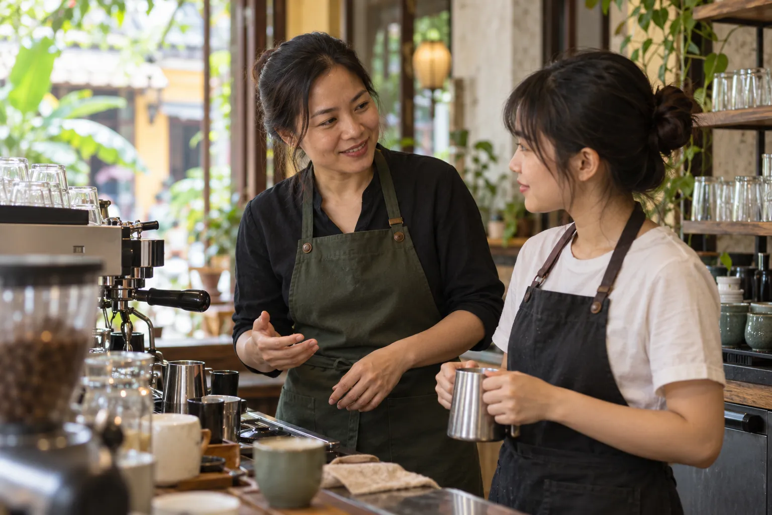 Chị quản lý quán cà phê nói chuyện thân mật với nhân viên pha chế mới bên quầy có máy pha cà phê