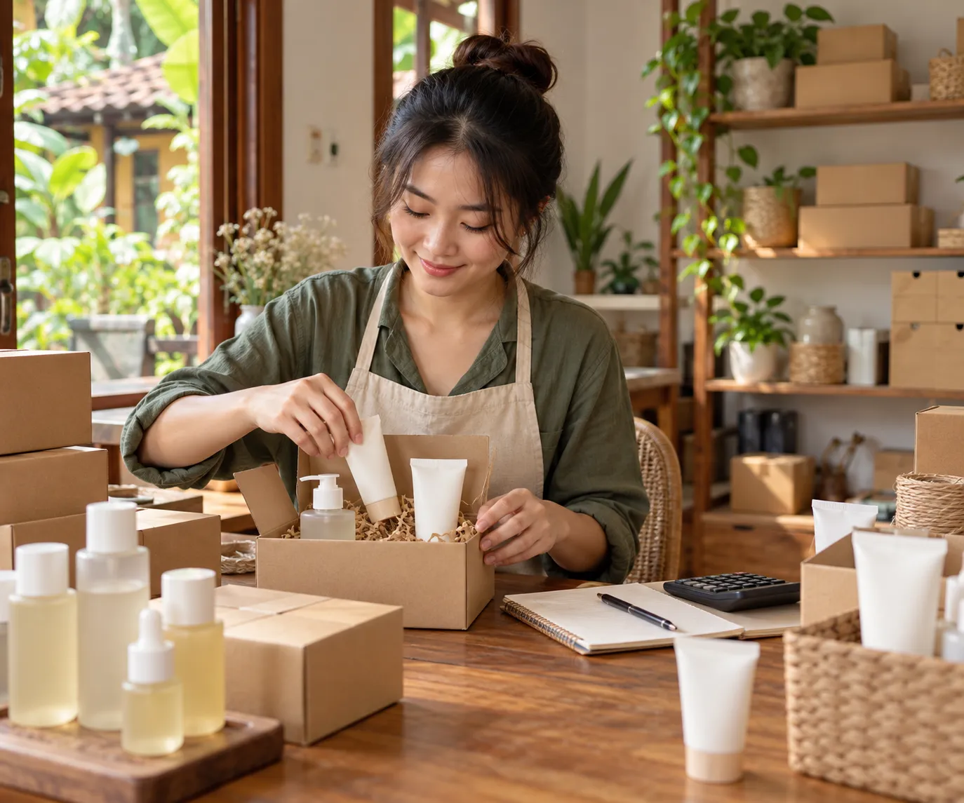 Chủ shop mỹ phẩm online ngồi bên bàn gỗ, xếp chai serum và tuýp kem chống nắng vào hộp carton nhỏ, cạnh có cuốn sổ và máy tính bỏ túi