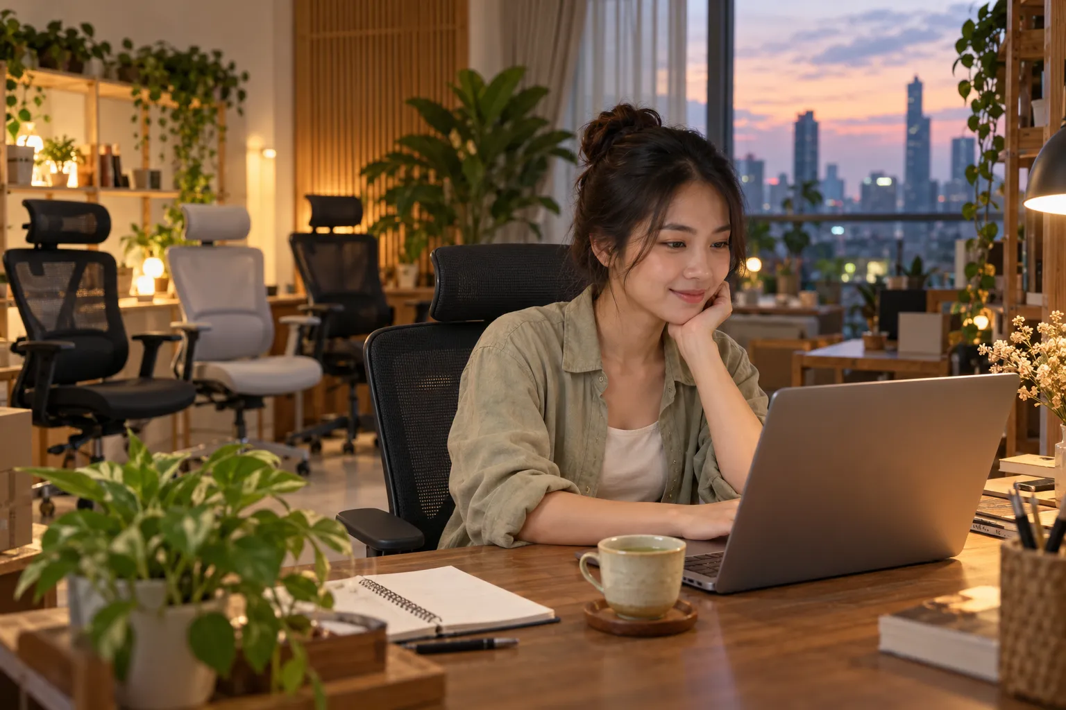Chủ shop ngồi trên chiếc ghế công thái học bên bàn gỗ, một tay chống cằm nhìn laptop, cạnh sổ tay và tách trà lúc chiều tối