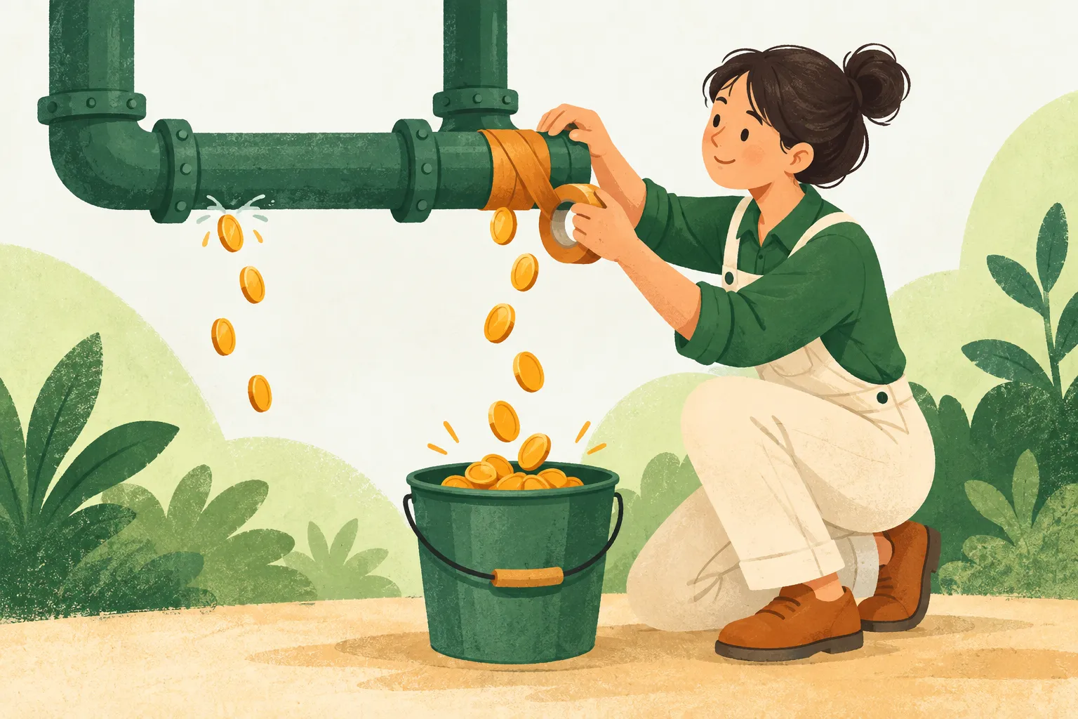 Người phụ nữ dùng băng keo vá chỗ rò trên đường ống xanh, các đồng xu vàng rơi vào chiếc xô bên dưới