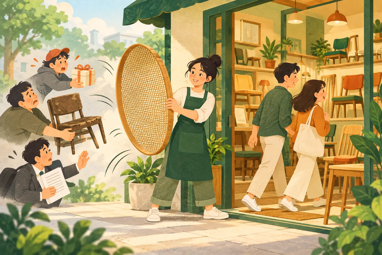 Chủ cửa hàng ghế đứng ở cửa, dùng chiếc sàng lớn để người thật sự muốn mua đi vào, còn người chỉ hỏi đồ miễn phí, ghế cũ hay xin việc bị sàng ra ngoài