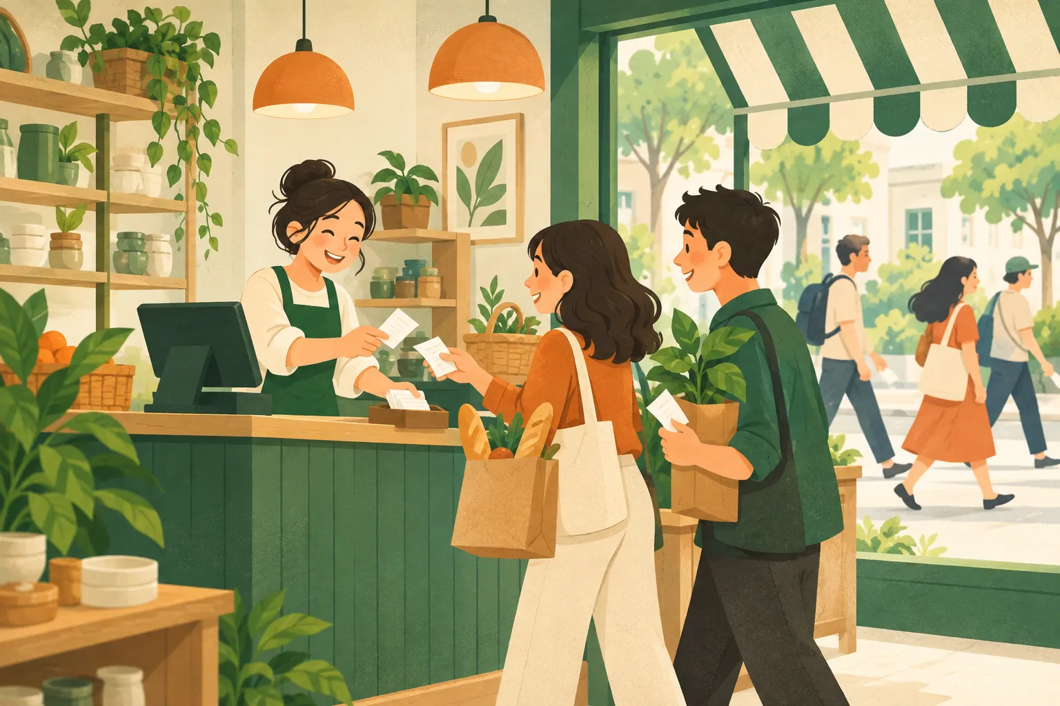 Nhân viên đứng ở quầy thu ngân cười tươi nhận những tờ hóa đơn từ hai khách đã cầm sẵn hàng, trong khi vài người khác đi ngang qua cửa tiệm