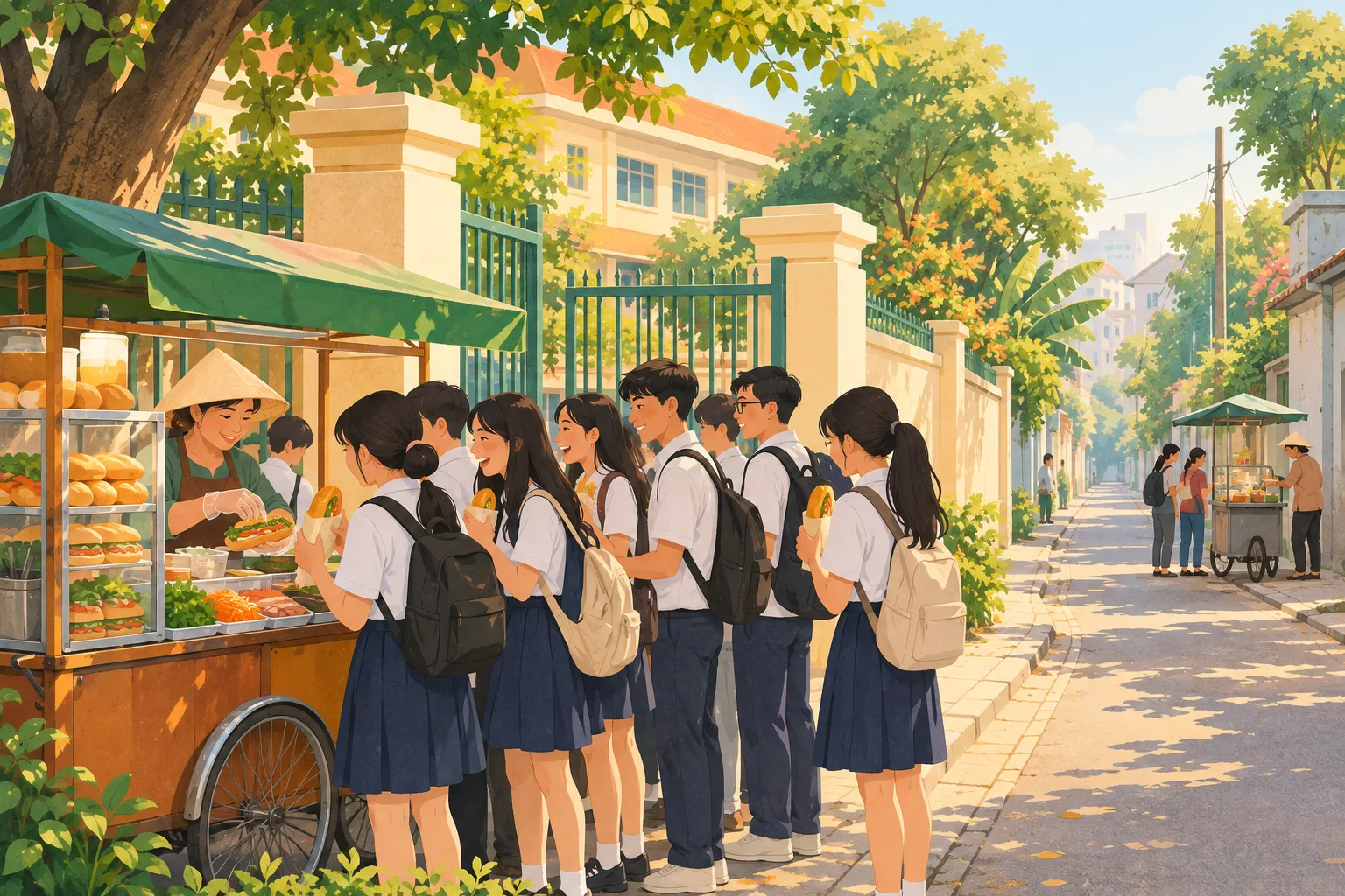 Xe bánh mì đậu trước cổng trường với hàng học sinh đang mua, còn một xe nhỏ khác đẩy ra con phố vắng phía xa
