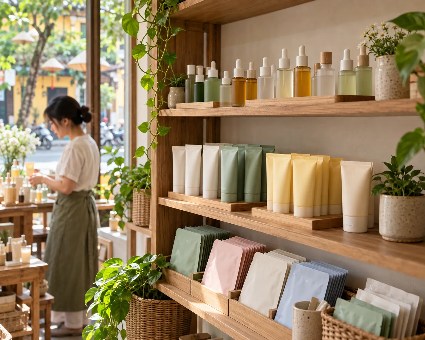 Kệ gỗ trong một cửa hàng mỹ phẩm nhỏ xếp ngay ngắn các chai serum có ống nhỏ giọt, tuýp kem chống nắng, tuýp sữa rửa mặt và các gói mặt nạ