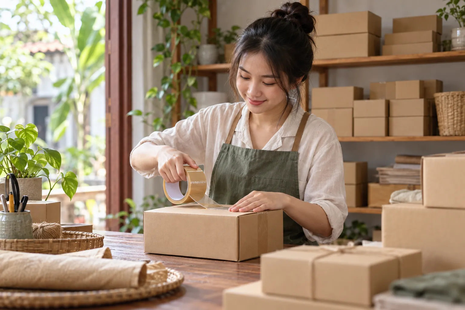 Một chị gói hàng bằng băng keo trên bàn gỗ, phía sau là kệ xếp thùng giấy trong góc làm việc của một shop online nhỏ