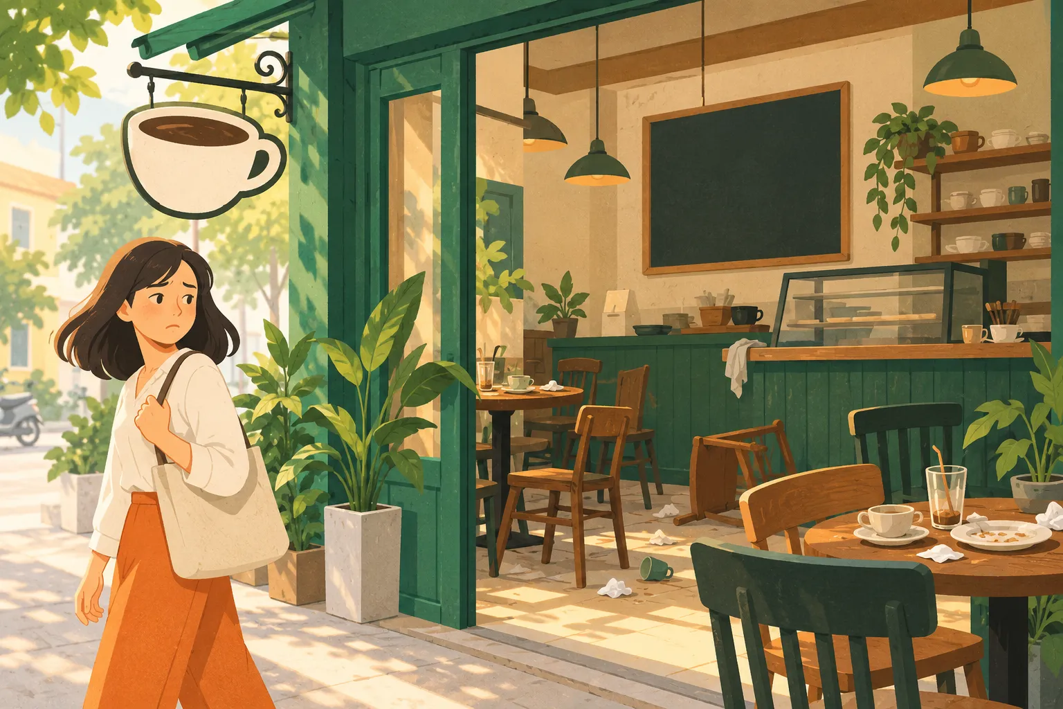Quán cà phê nhìn từ ngoài phố: biển hiệu hình tách cà phê mời khách, nhưng bên trong bừa bộn, không có người tiếp và bảng giá để trống, một vị khách ở cửa quay đi