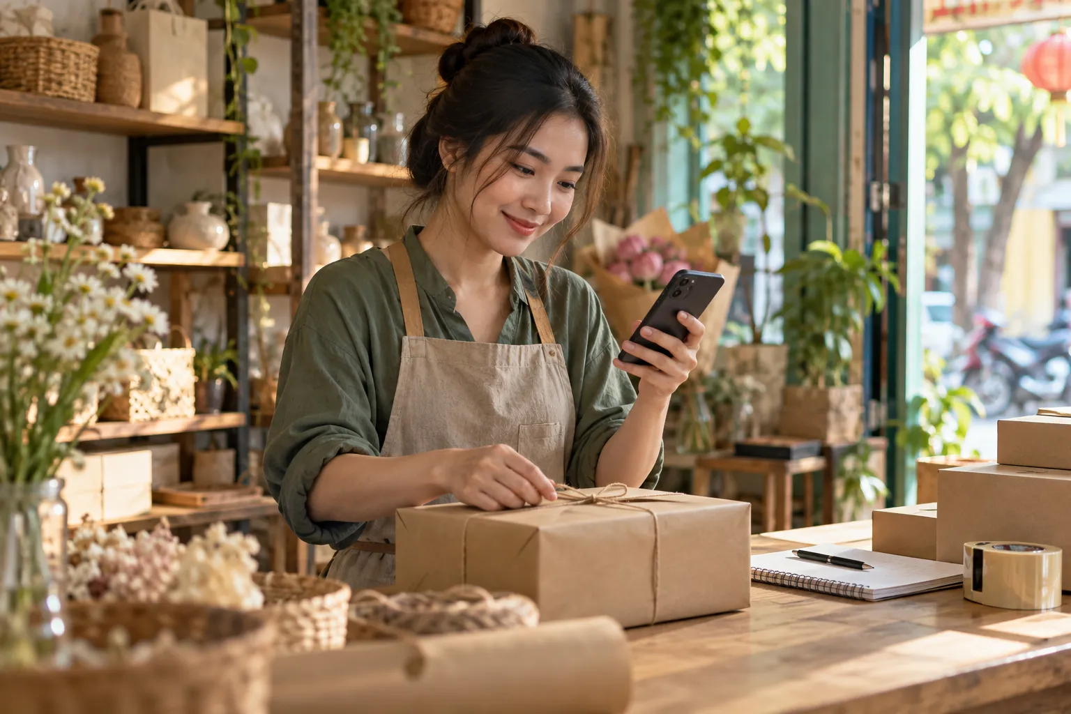 Chủ shop đang gói một kiện hàng giấy kraft buộc dây, một tay cầm điện thoại nhắn tin với khách, bên cạnh là cuộn băng keo và cuốn sổ trên quầy gỗ