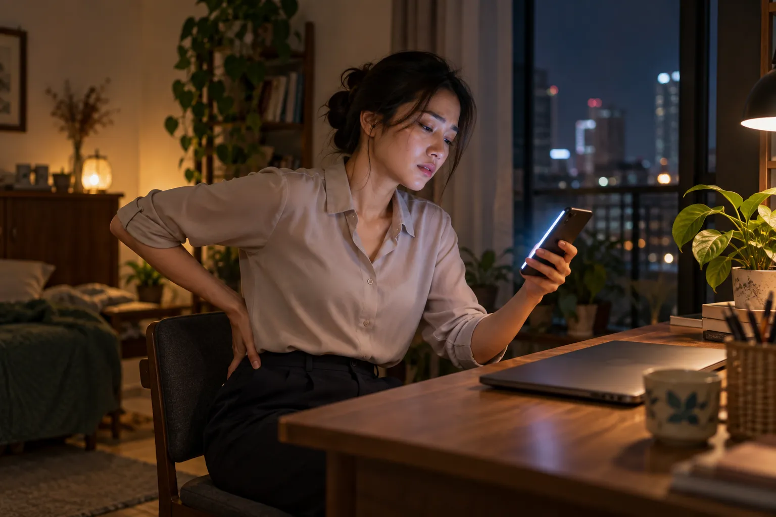 Một chị nhân viên văn phòng ngồi bàn trong căn phòng tối, một tay xoa lưng, tay kia cầm điện thoại đang sáng