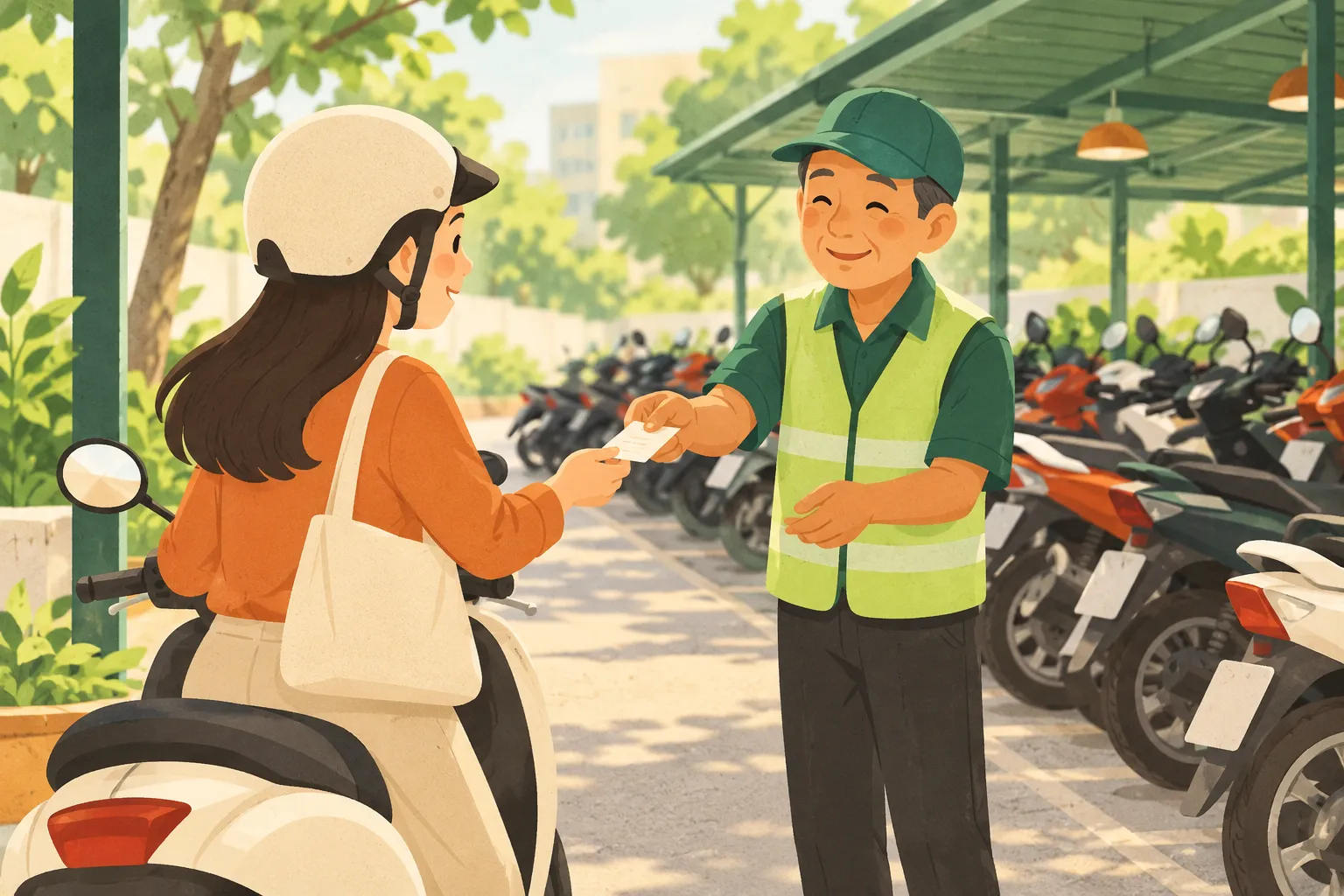 Người trông xe mặc áo phản quang mỉm cười đưa tấm vé giấy nhỏ cho một cô gái ngồi trên xe máy, phía sau là dãy xe máy đỗ thẳng hàng