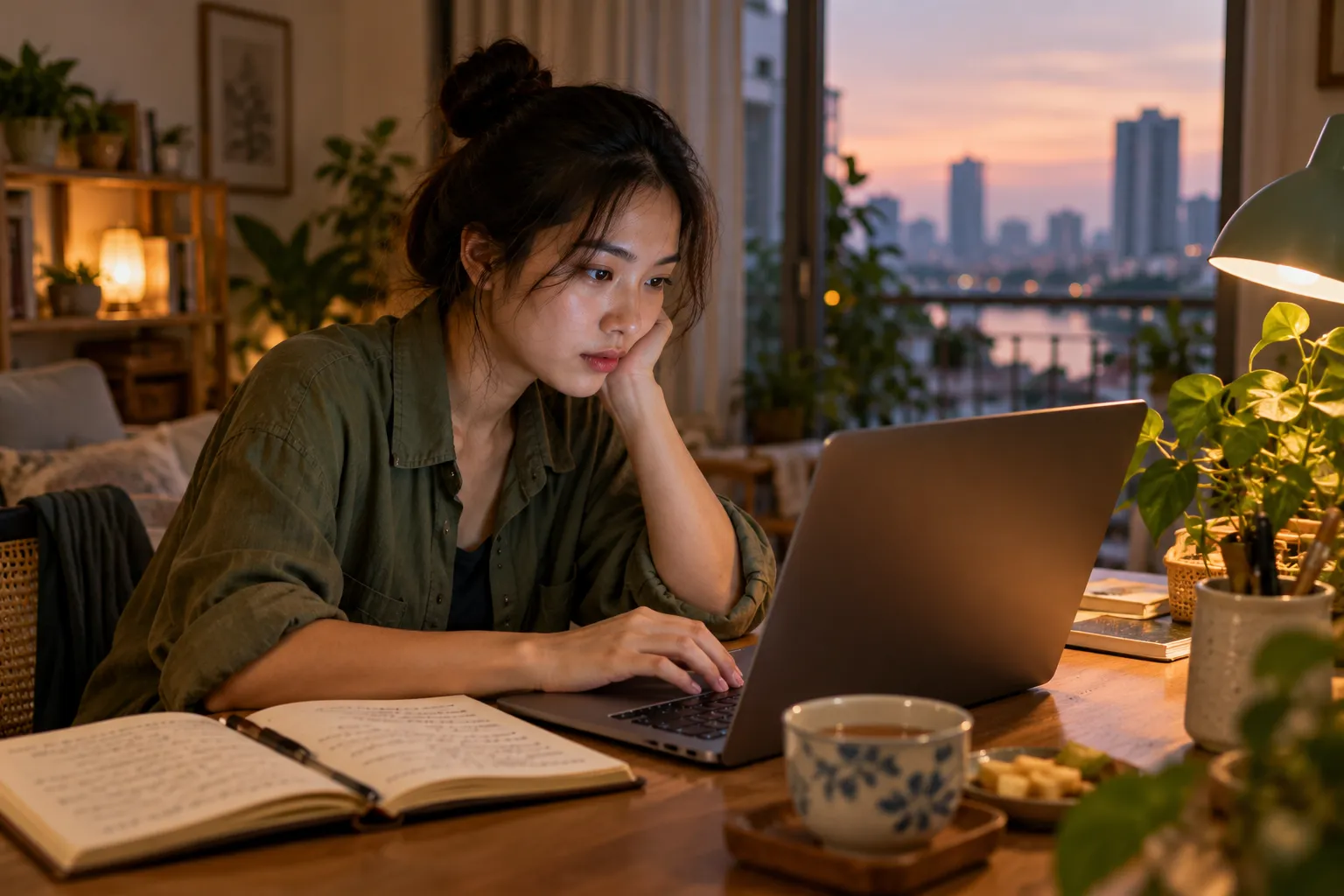 Một người ngồi trước laptop trong căn hộ buổi tối chủ nhật, tay chống cằm trông mệt mỏi nhưng tập trung, cạnh là cuốn sổ tay, tách trà và đèn bàn