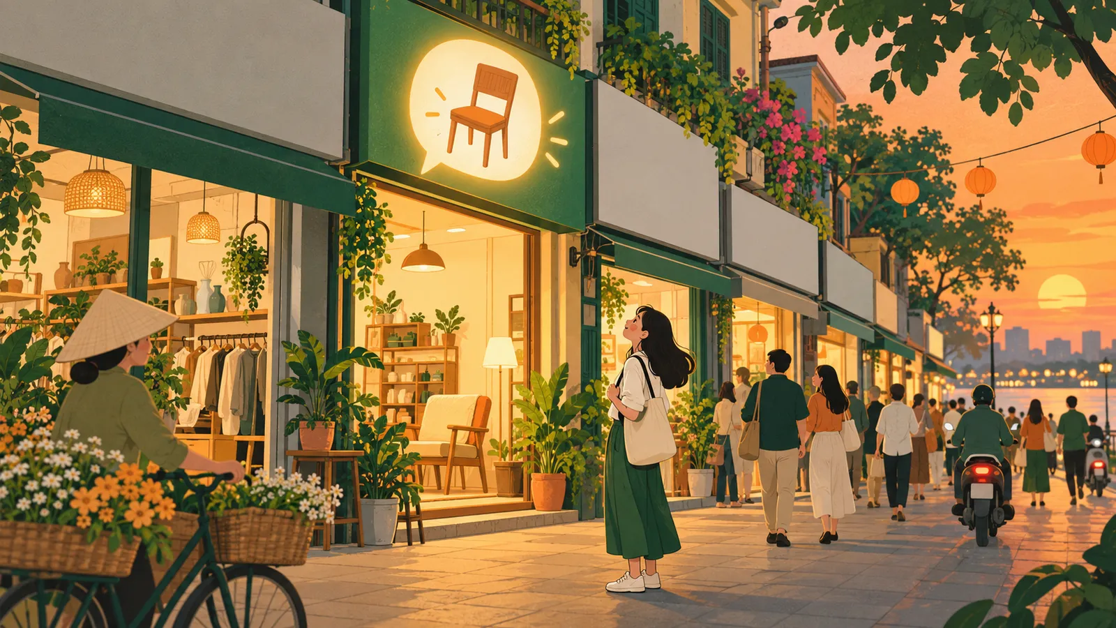 Dãy biển hiệu giống nhau trên con phố đông lúc chiều tối, chỉ một biển có bong bóng thoại phát sáng kèm hình chiếc ghế khiến người đi đường dừng lại ngước nhìn