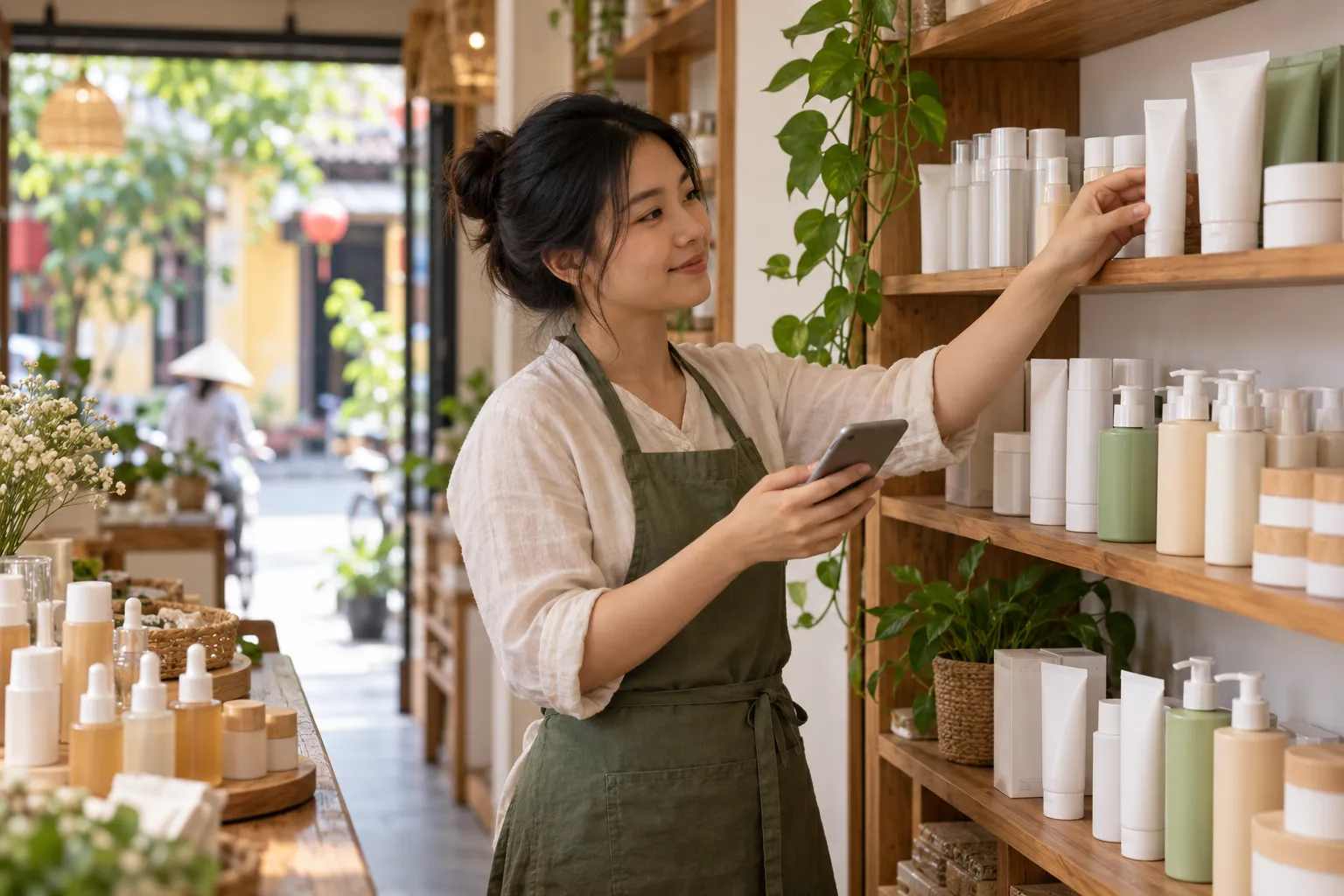 Chủ shop mỹ phẩm cầm điện thoại, tay kia chỉnh lại một tuýp kem chống nắng trên kệ gỗ đầy chai lọ xếp ngay ngắn