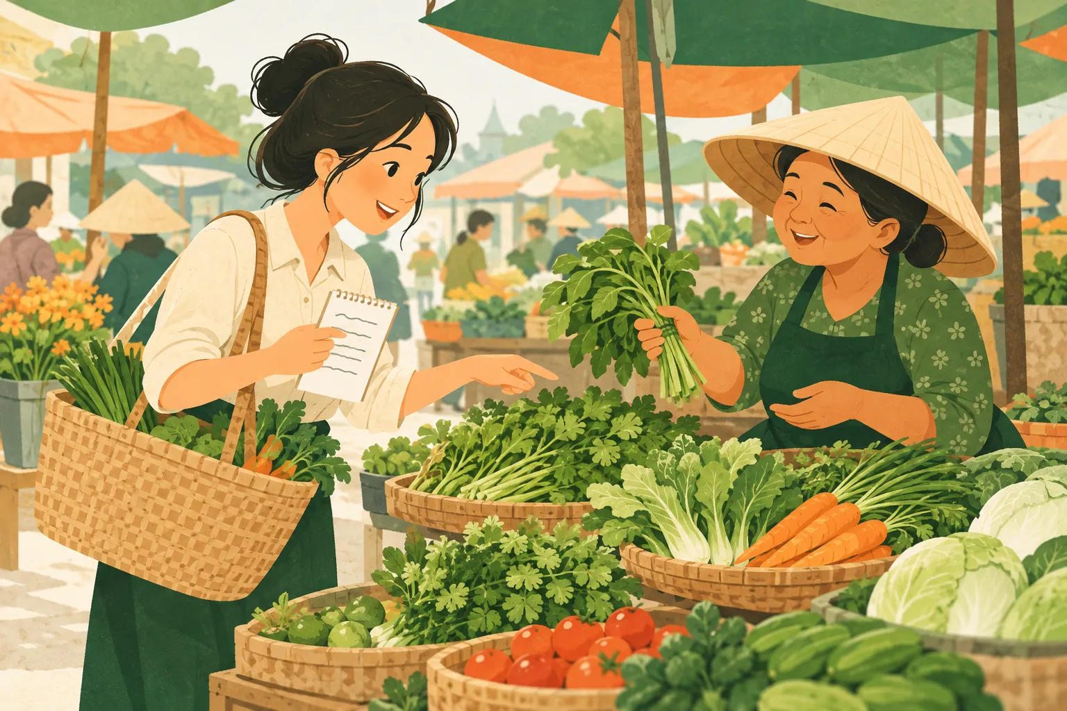 Người đi chợ hộ cầm cuốn sổ ghi danh sách, xách giỏ mây và chỉ vào rổ rau ở sạp của một cô bán hàng đội nón lá đang cười