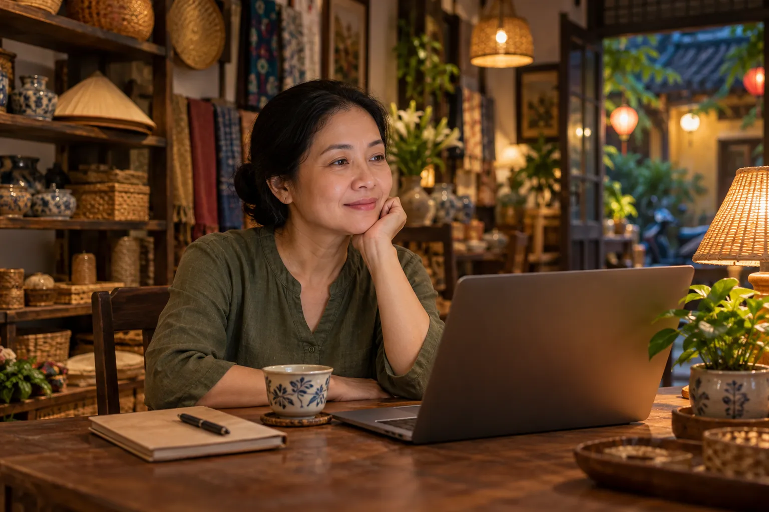 Người chủ shop ngồi bên bàn gỗ vào buổi tối, tay chống cằm mỉm cười nhìn laptop, cạnh có tách trà, cuốn sổ và chậu cây nhỏ