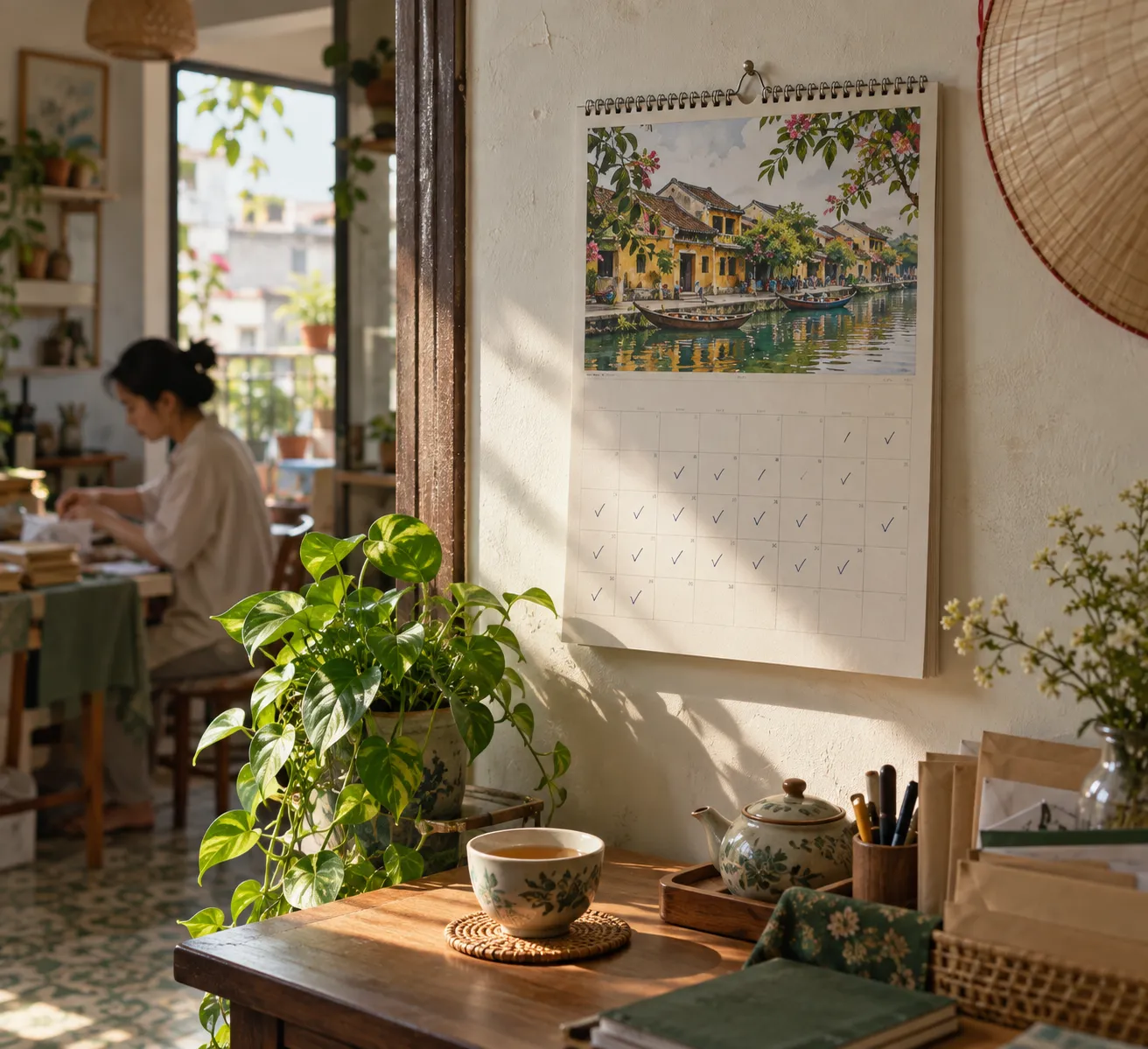Tờ lịch treo tường với nhiều ngày đã đánh dấu bằng bút, bên dưới là ly trà trên bàn