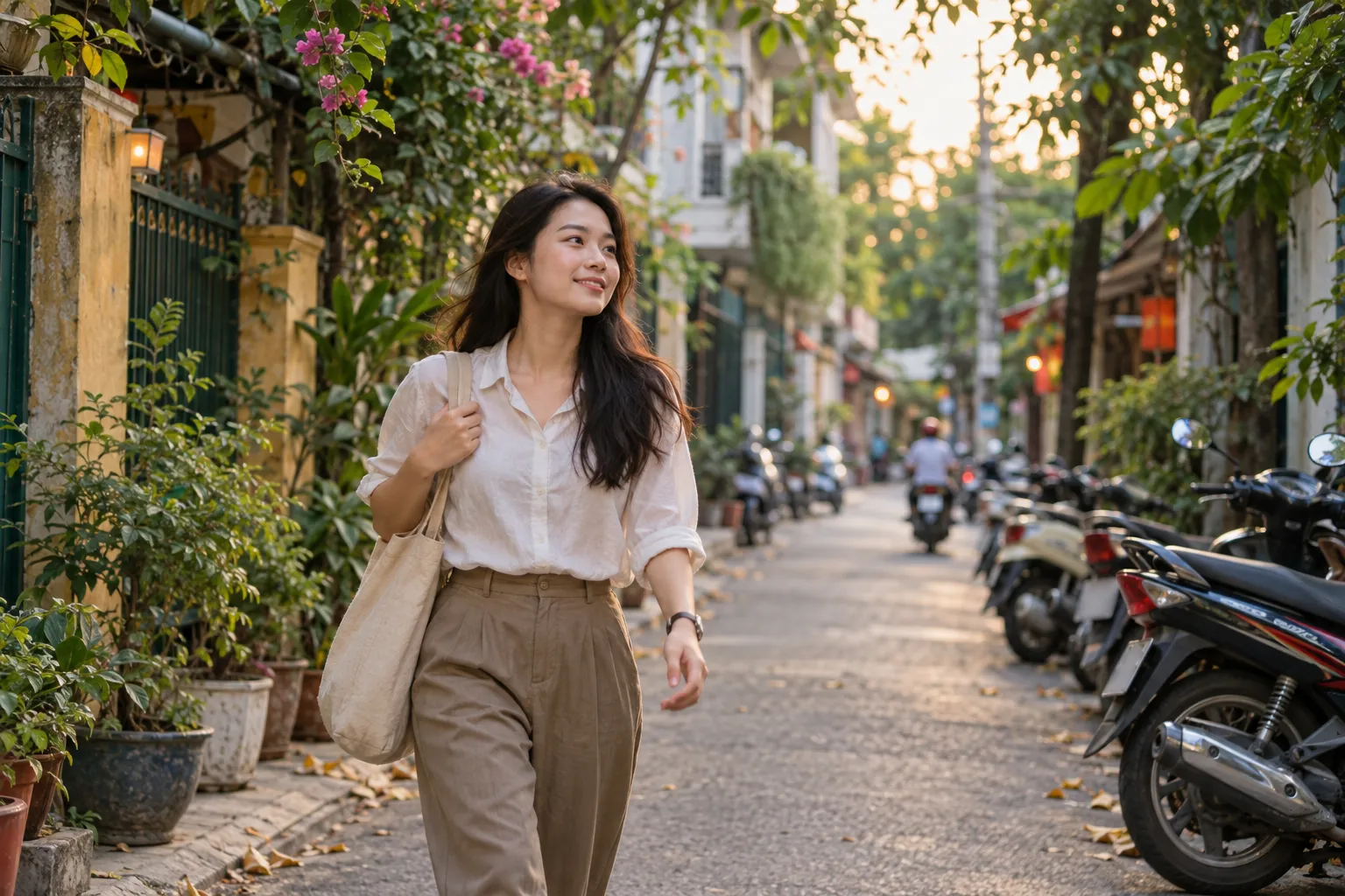 Người đi bộ nhanh trên con hẻm rợp cây lúc chiều tối