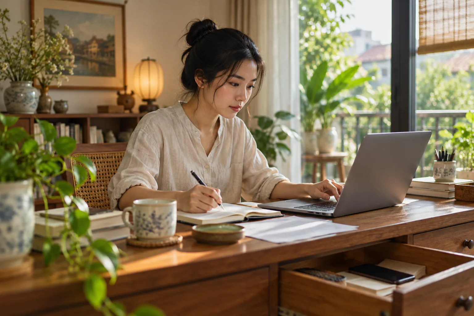 Người đang tập trung làm việc, điện thoại úp trong ngăn kéo